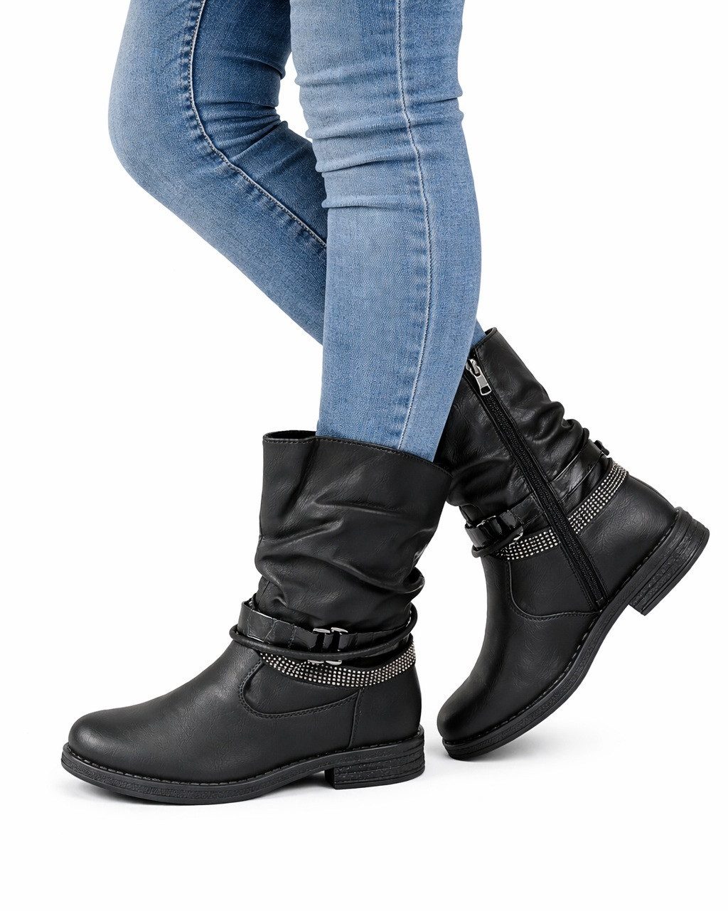 Pogolino 1573 Bikerboots Damen Biker Boots im Used Look leicht gefüttert mit Reißverschluss