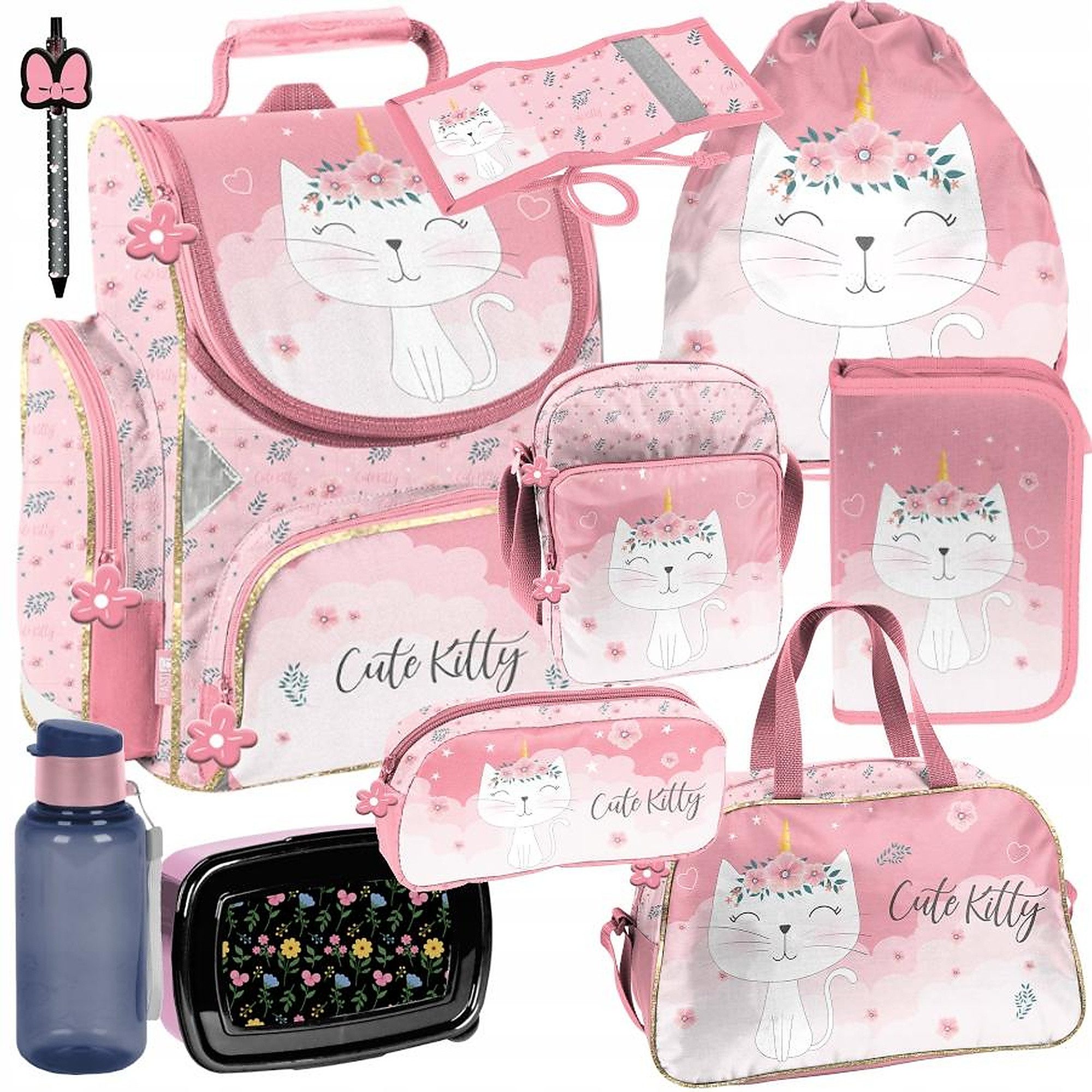 PASO Schulrucksack Mega Schulset XXL - (Schulset, 10-tlg), Katze, 10-tlg. Set, Rosa