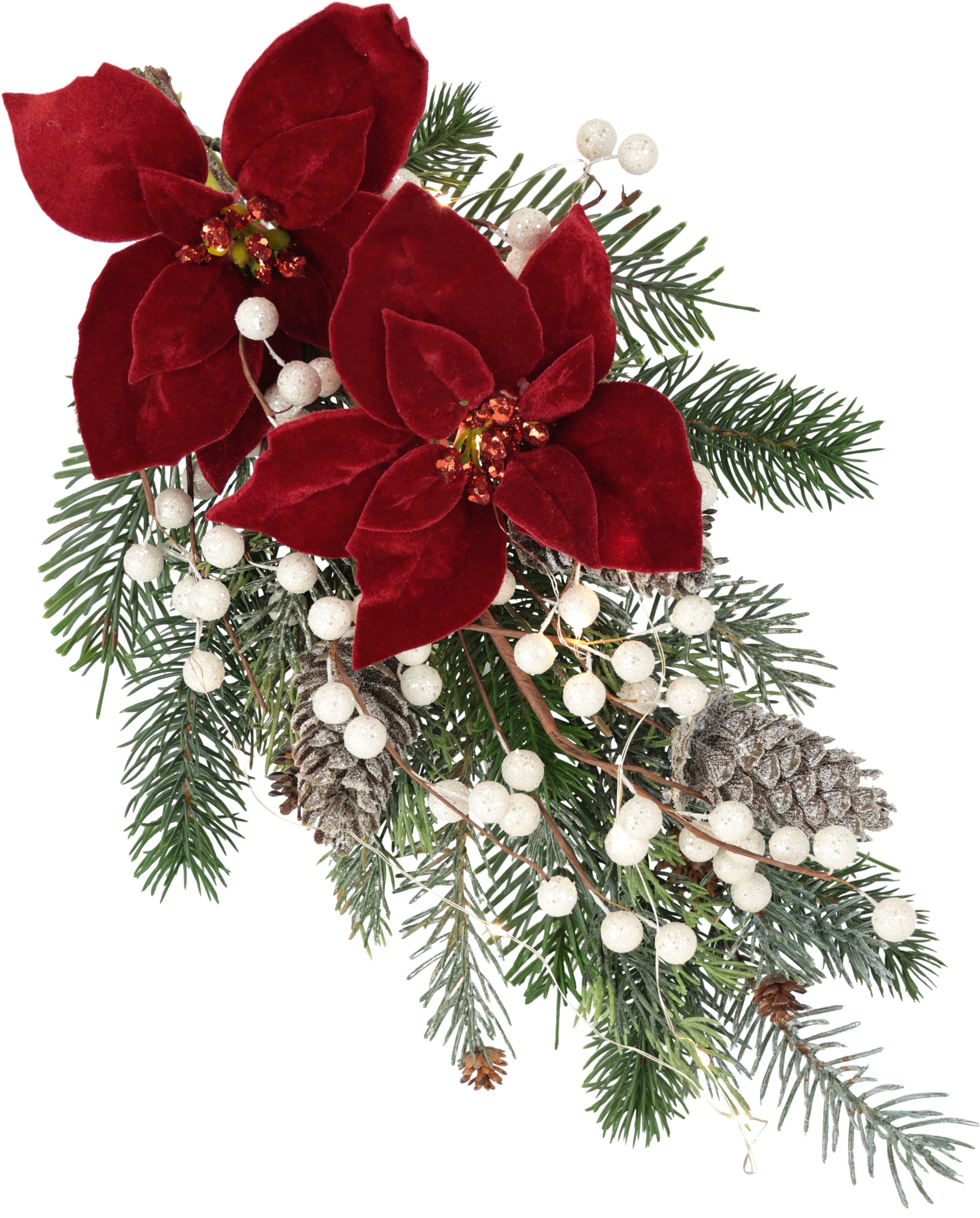 Winterliche Kunstpflanze Gesteck, Poinsettia mit LED Beleuchtung, Weihnachtsdeko, Christstern, Tanne, I.GE.A., Höhe 44 cm, Kunstblumen-Arrangement mit Weihnachtsstern, Weihnachtsgesteck