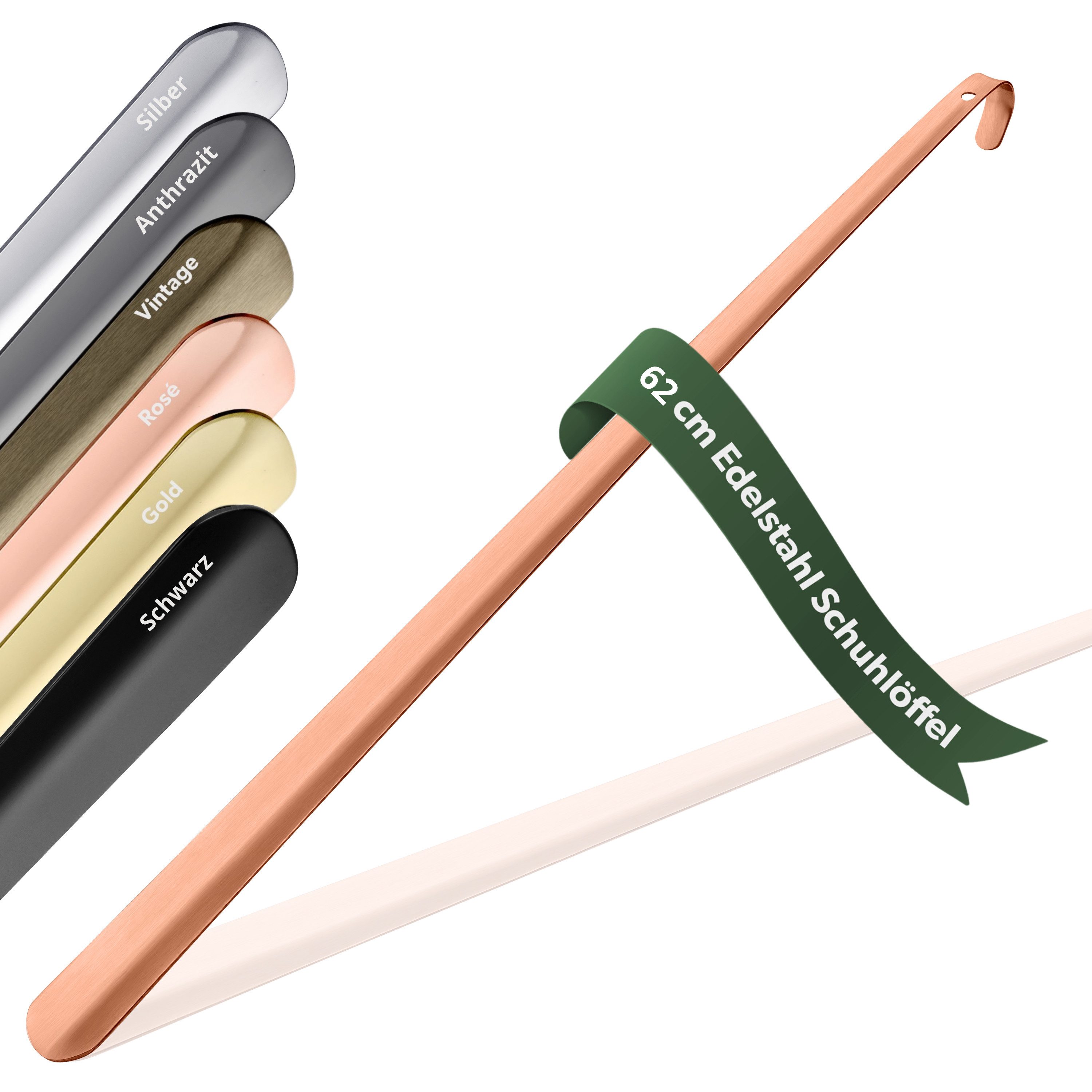 JK Trade Schuhlöffel 62cm Edelstahl Kupfer poliert (1-tlg., lang & stabil), Metall Schuhanzieher lang zum Stehen, Aufhängbar, 2mm Extra Stabil