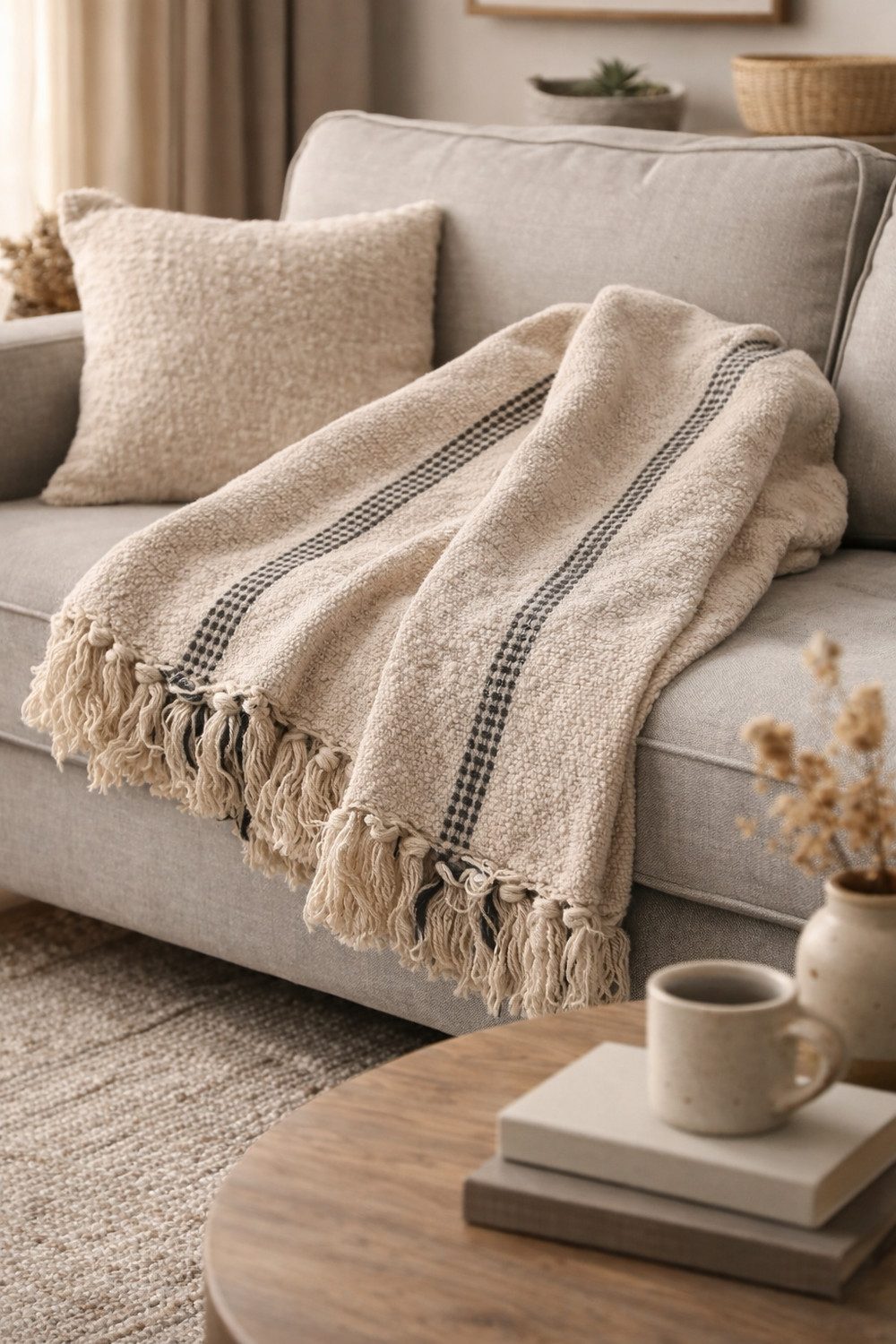 Wohndecke Natural/Black, AU Maison, Stilvolle Baumwolldecke mit Fransen 130x180 cm