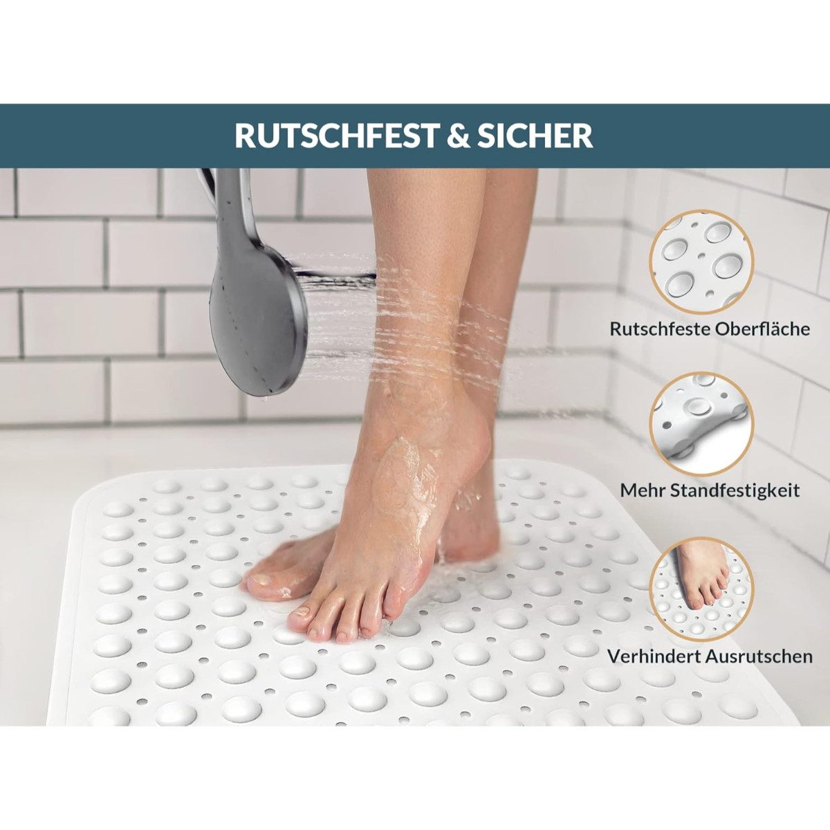 badegut Duschmatte rutschfest 53 x 53 cm mit Abflusssieb und Klebehaken – Bild 3 von 5