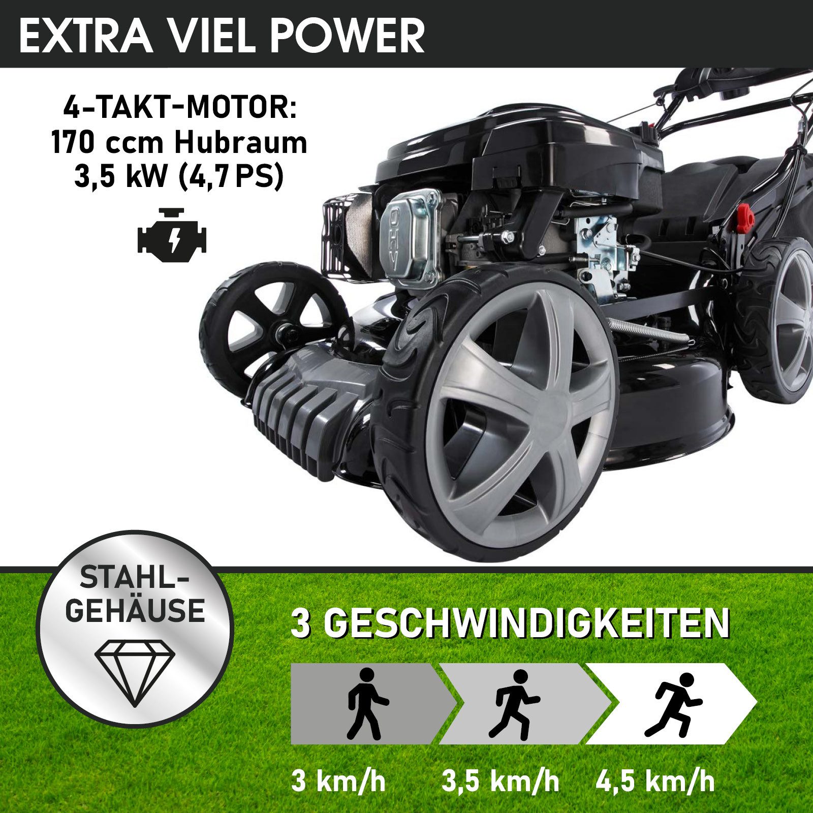 BRAST Benzinrasenmäher mit Antrieb, 5,2kW(7PS), TÜV geprüft, 4 Takt OHV Motor, 48 cm Schnittbreite, 30-80mm Schnitthöhe, 60L Fangkorb, Stahlgehäuse, 19224 Speed