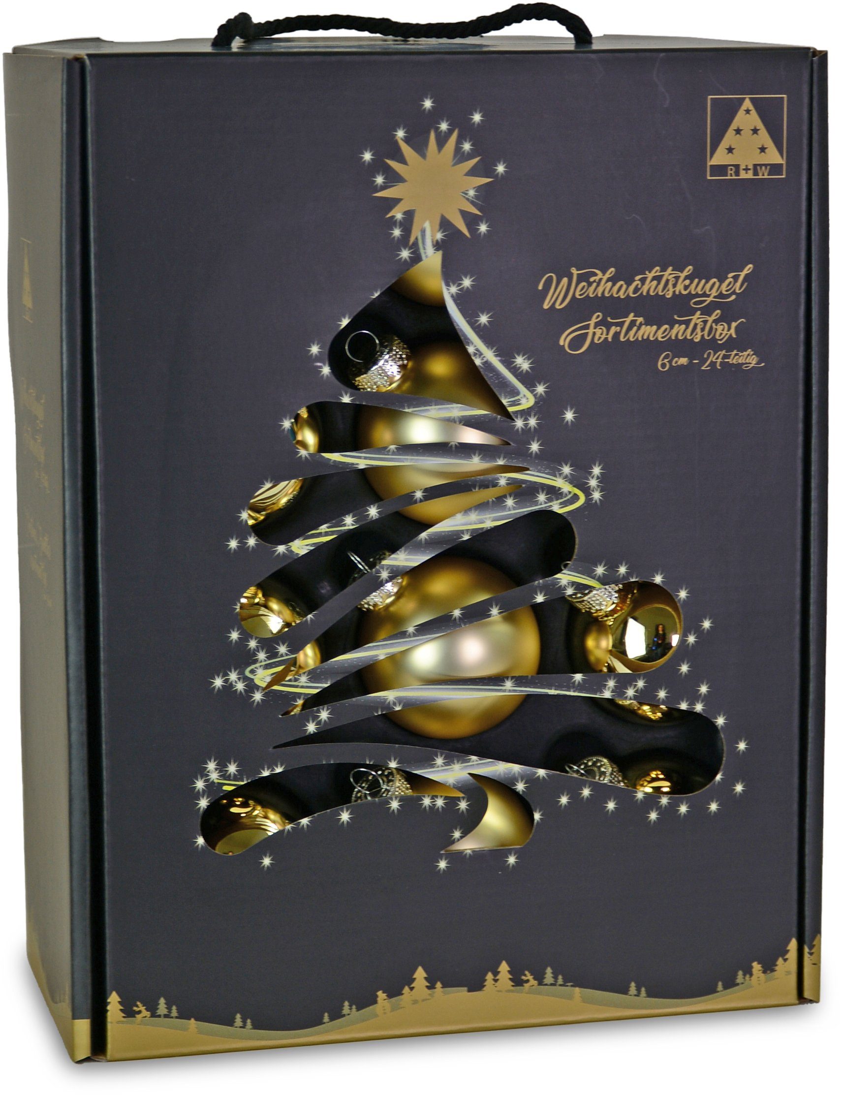 cm, praktischer Ø (24 Weihnachtsbaumkugel Christbaumkugeln RIFFELMACHER & 6 Glas Glas, Gold ca. Aufbewahrungsbox Weihnachtsdeko, mit Christbaumschmuck, St), WEINBERGER aus