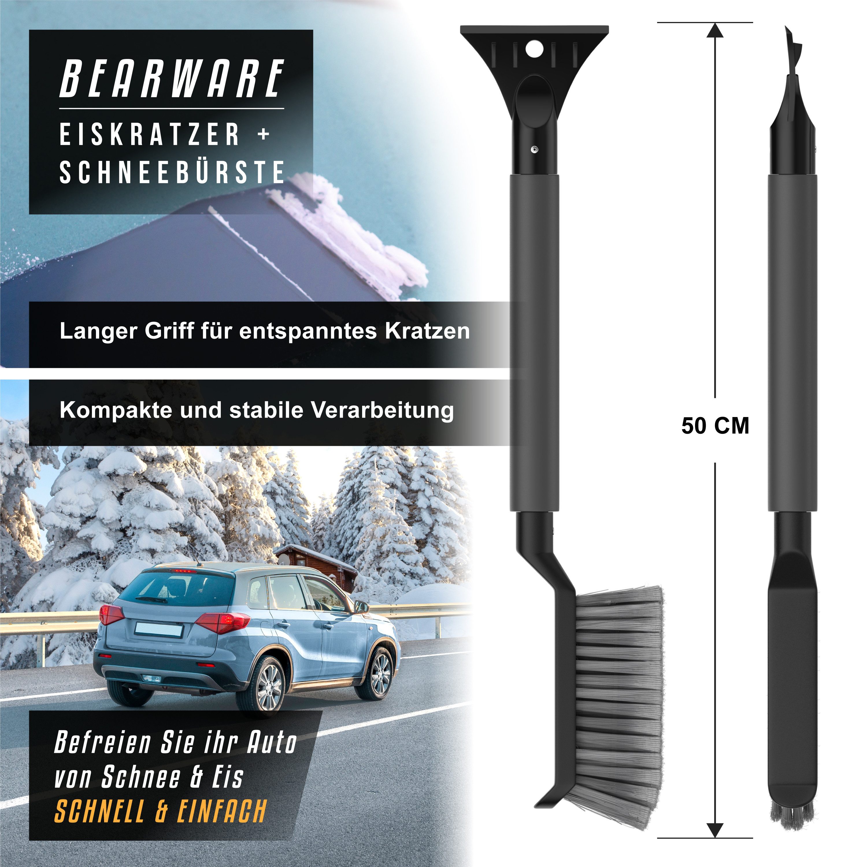 BEARWARE Ice Scraper with Snow Brush for Car, Motorhome & Truck made of shatterproof ABS, gentle 2-in-1 scraper & snow brush, 50cm long with ice breaker teeth
