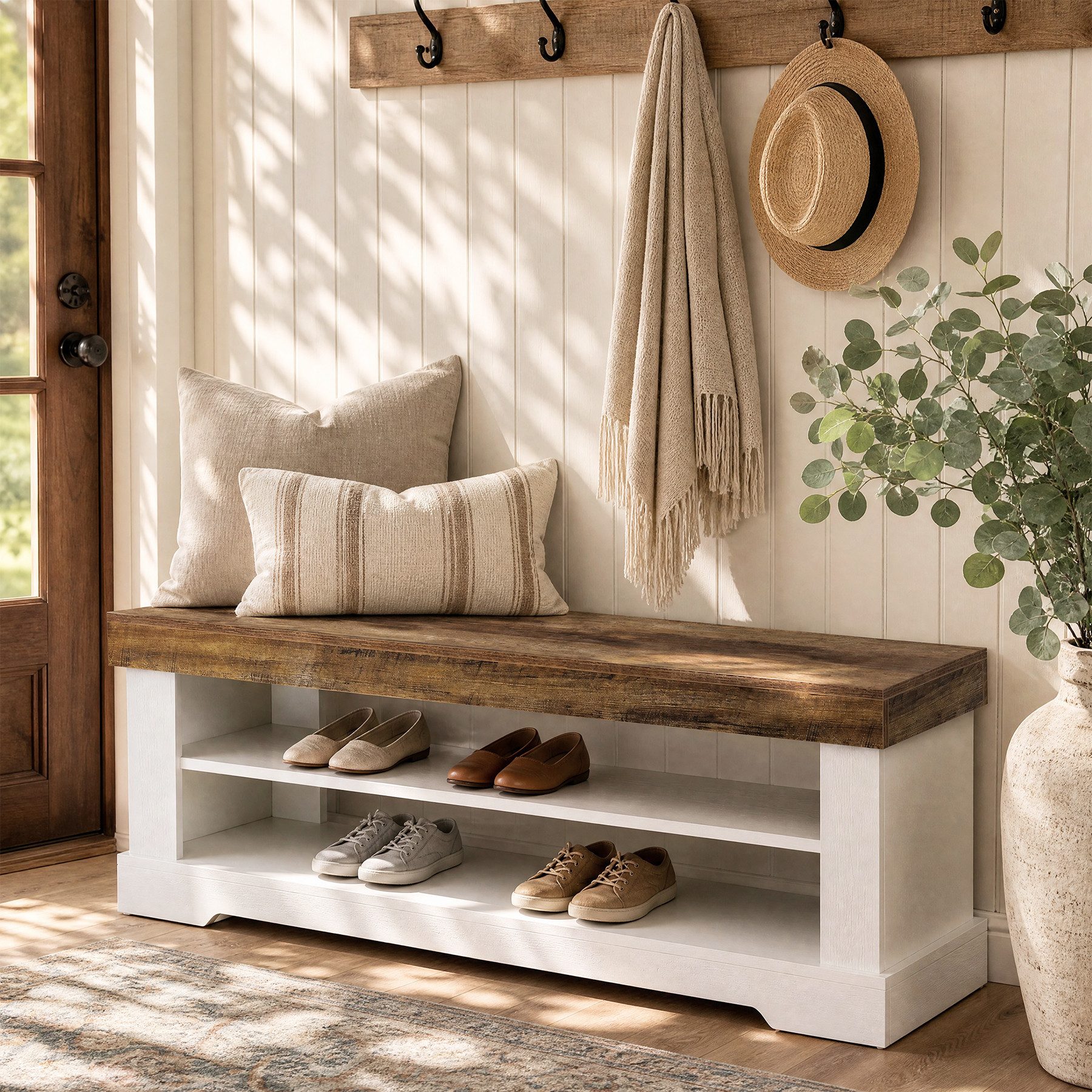 Tribesigns Schuhbank Flurbank 140 cm, 2-stufige Holz-Schuhbank mit Stauraum (Braun/Weiß)