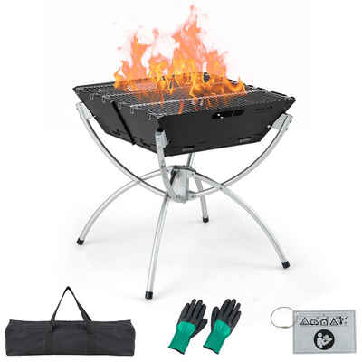 COSTWAY Holzkohlegrill, 3 in 1 Campinggrill, Edelstahl