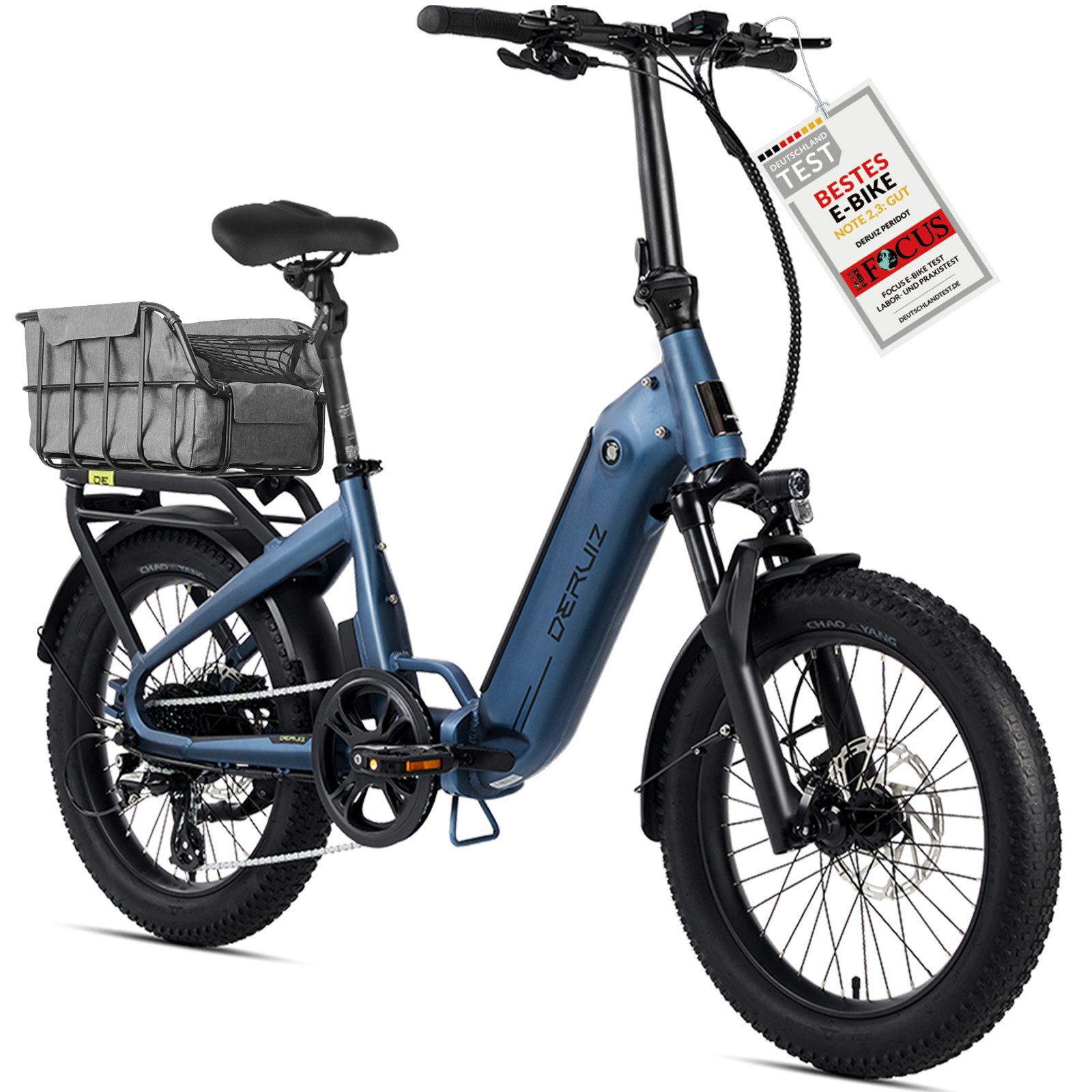 DERUIZ E-Bike Klapprad Peridot 20 × 3 Zoll, bis 143 km, Bluetooth und App, 8 Gang SHIMANO SHIMANO ALTUS 11-32T Schaltwerk, Kettenschaltung, Heckmotor, 500 Wh, (mit Akku-Ladegerät mit Werkzeug), Federsattelstütze