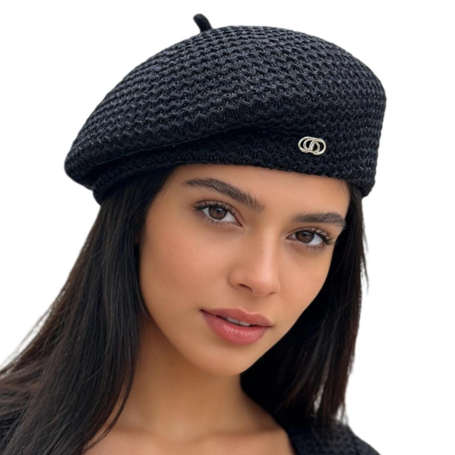 Baskenmütze Baskenmütze Damen Baumwolle Leinen Barett Cap 56-58 Schwarz