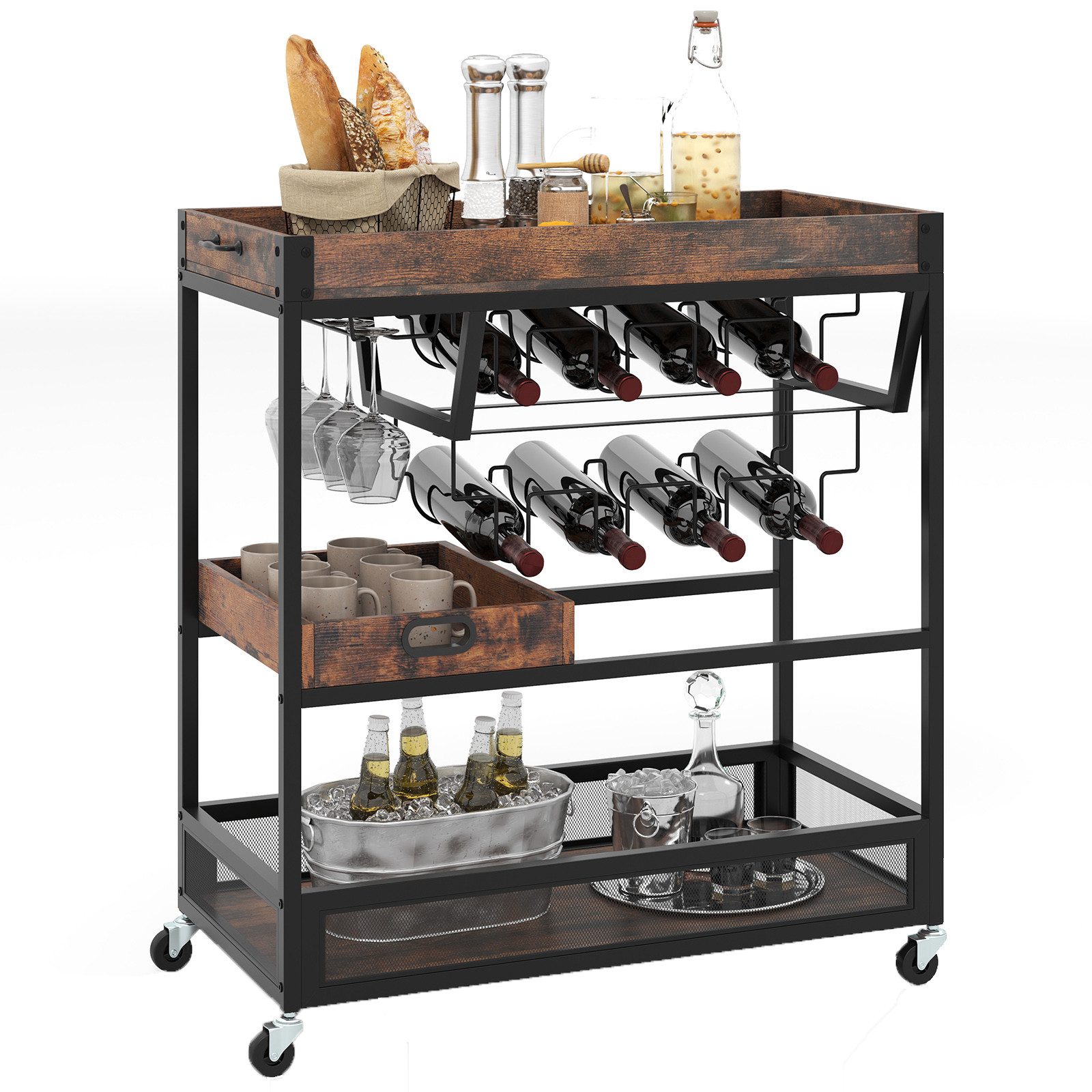 COSTWAY Servierwagen, Rollwagen 3 Ebenen, abnehmbares Tablett, Glashalter, günstig online kaufen