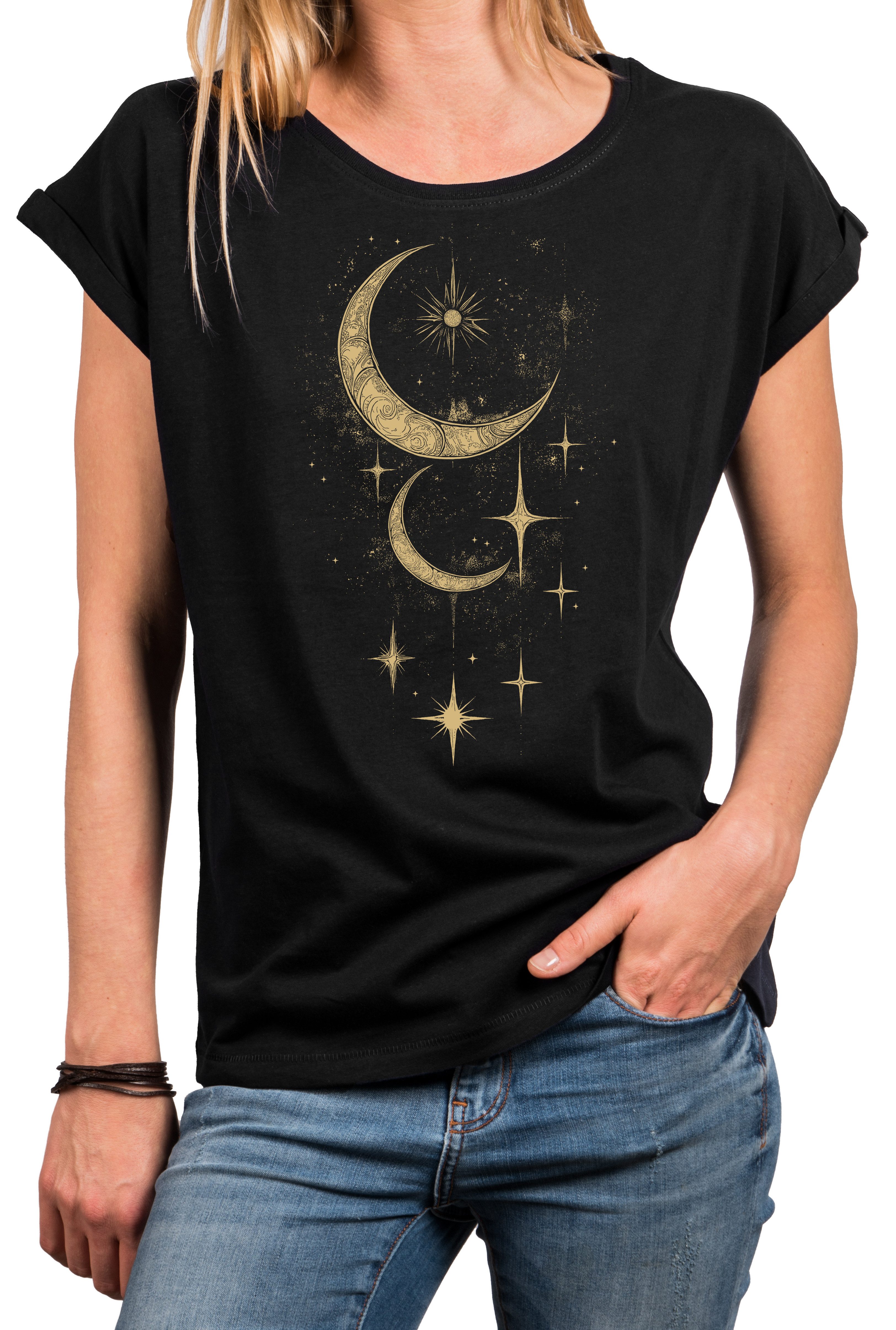 MAKAYA Kurzarmshirt Damen mit Aufdruck Sonne Mond & Sterne Print Esoterik Geschenk (Schwarz, Blau, Grau, 34, 36, 38, 40, 42, 44, 46, 48, 50) Baumwolle
