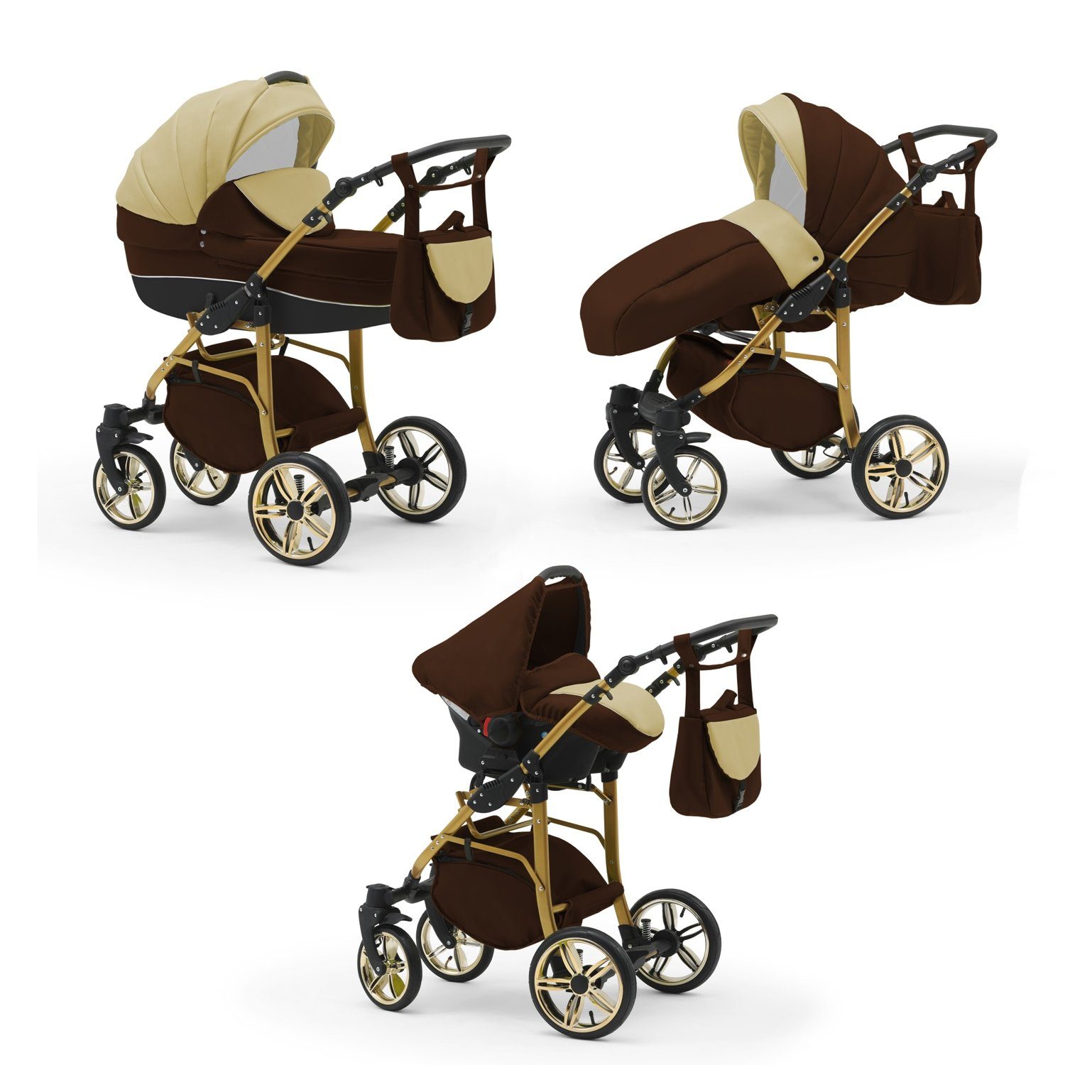 babies-on-wheels Kombi-Kinderwagen 3 in 1 Kinderwagen-Set Cosmo ECO Gold - 16 Teile - in 46 Farben Braun-Beige