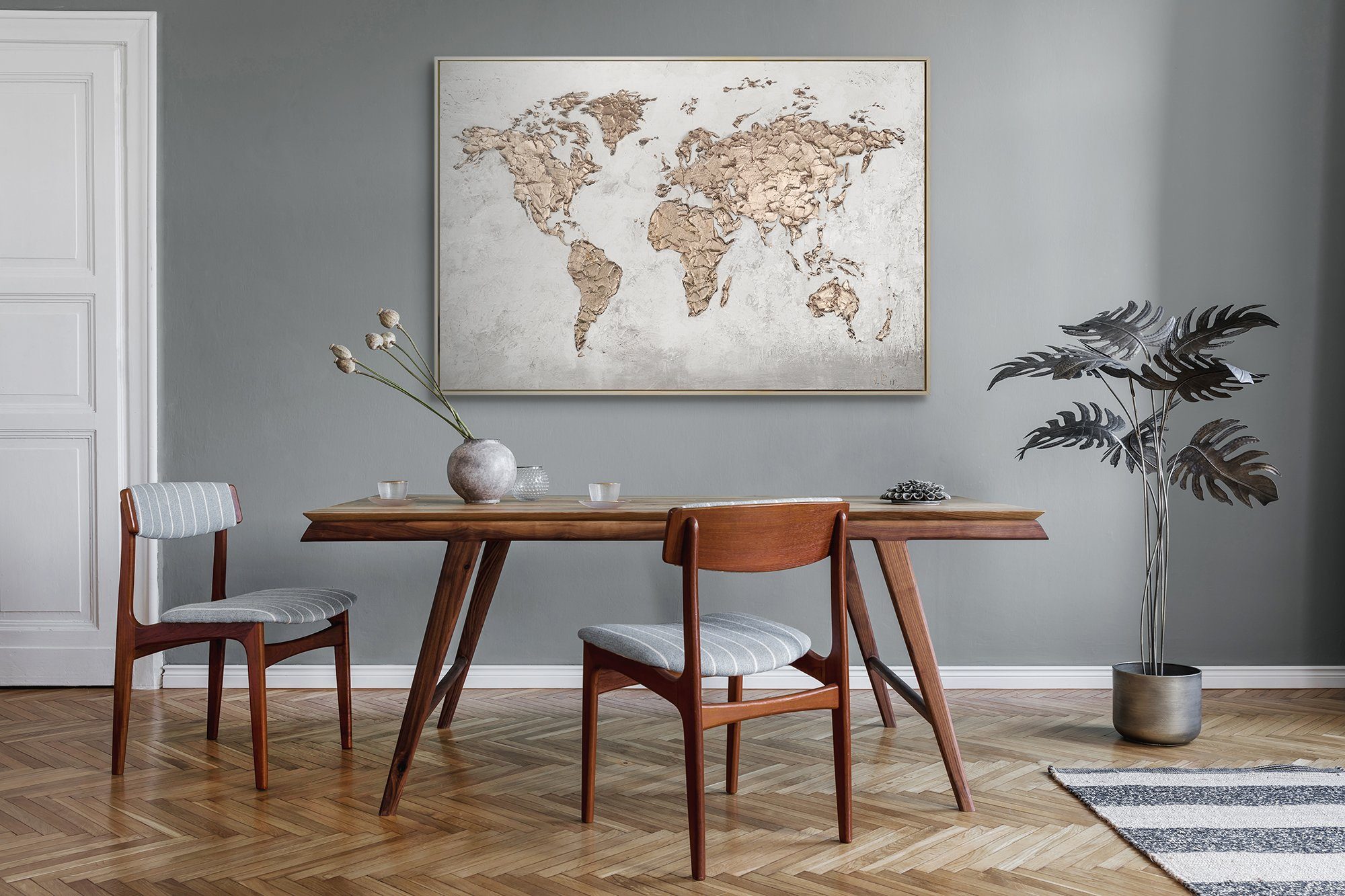 Weltkarte, Weltkarte, in Beige Rahmen Bild Weltkarte in Handgemalt Leinwand Gold Mit Gemälde auf YS-Art