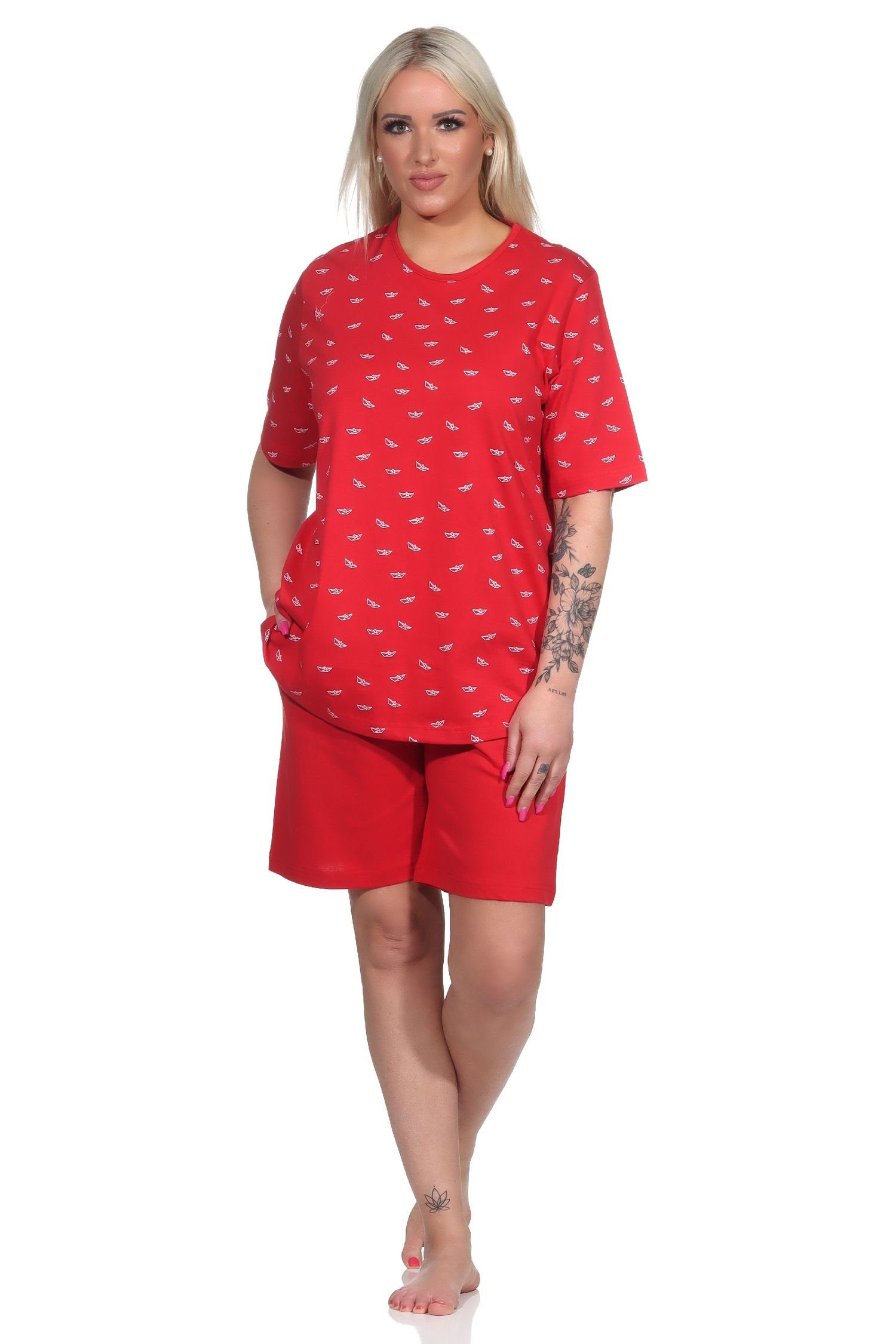 Normann Pyjama Damen kurzarm Schlafanzug Shorty Pyjama in maritimer Optik rot