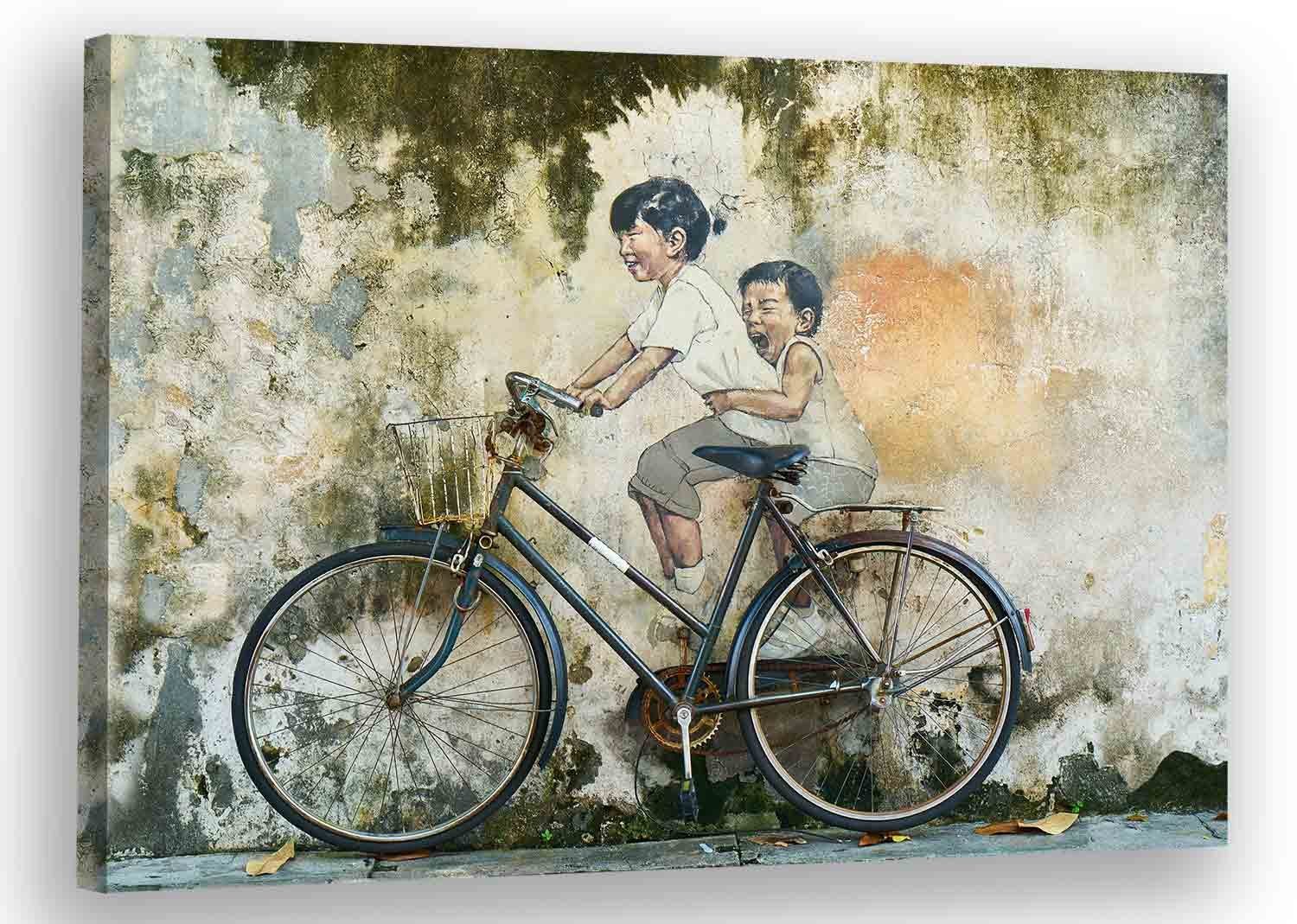 Leinwando Gemälde Wandbild / Kinder auf einem Fahrrad - Klassisch Asiatische Kunst / Gemälde bereit zum aufhängen