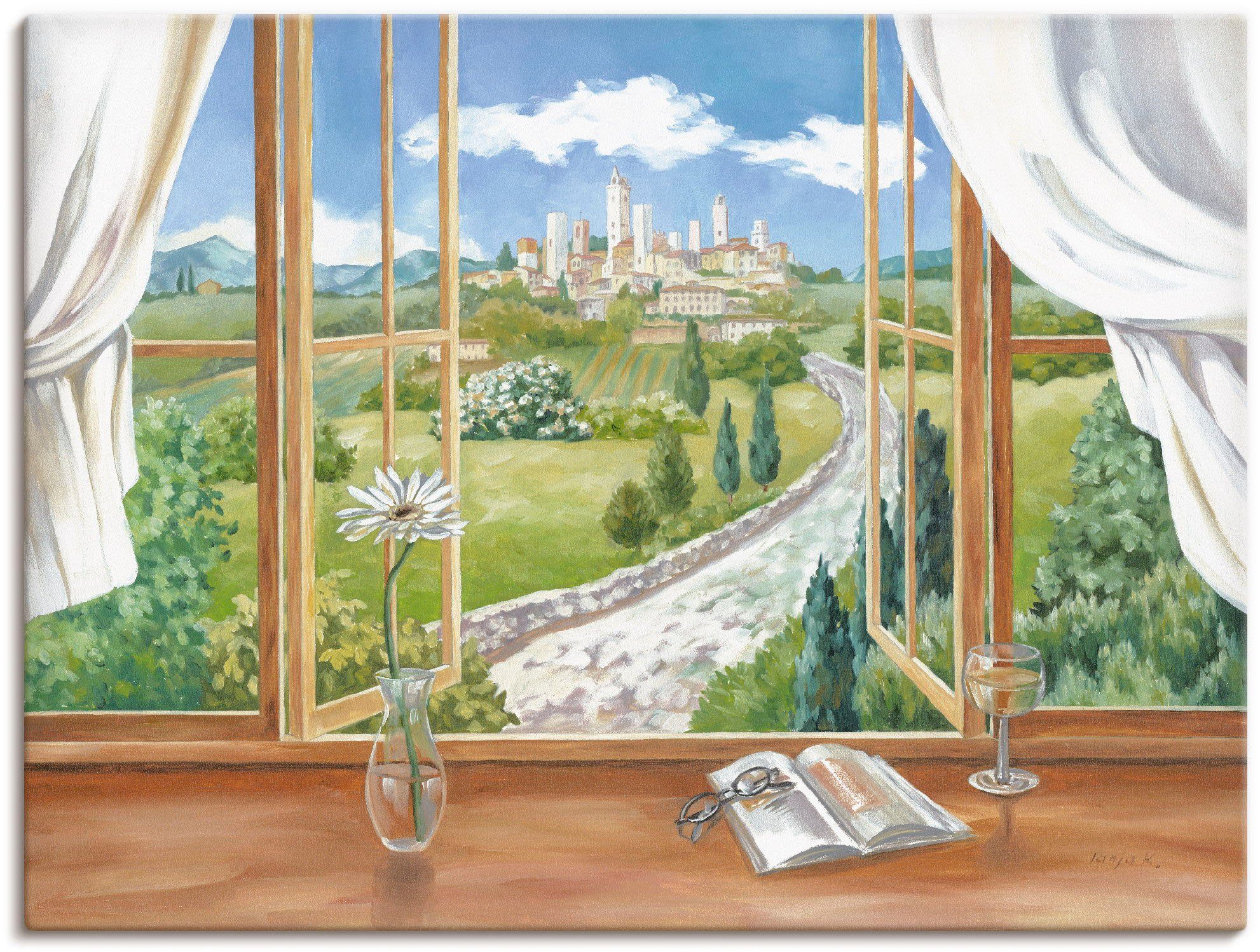 Alubild, (1 Größen Wandbild Leinwandbild, Artland zur Toskana, versch. als oder Fenster in Wandaufkleber Poster St), Fensterblick