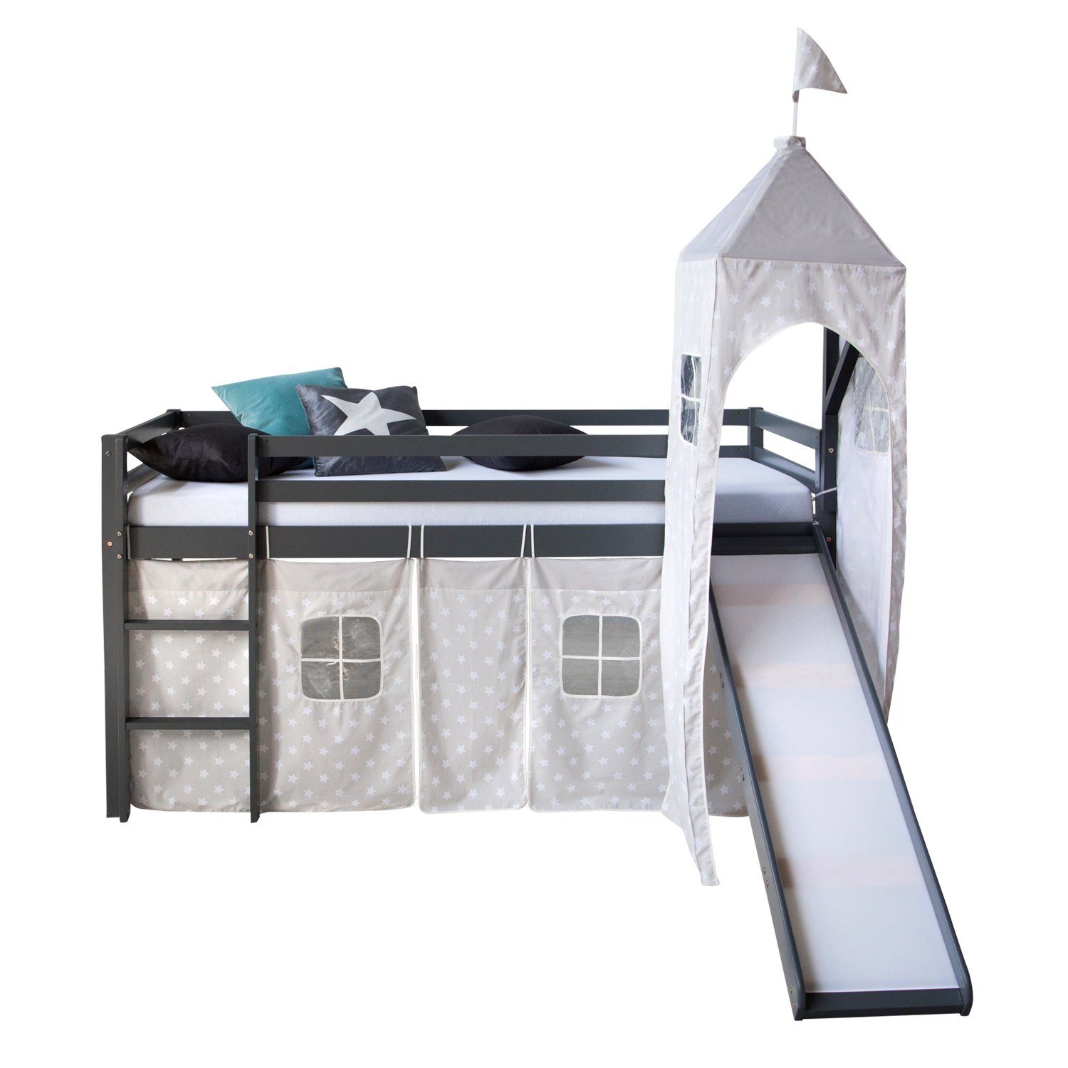 Homestyle4u Hochbett 90x200 mit Vorhang Lattenrost Rutsche Tunnel Turm in W günstig online kaufen