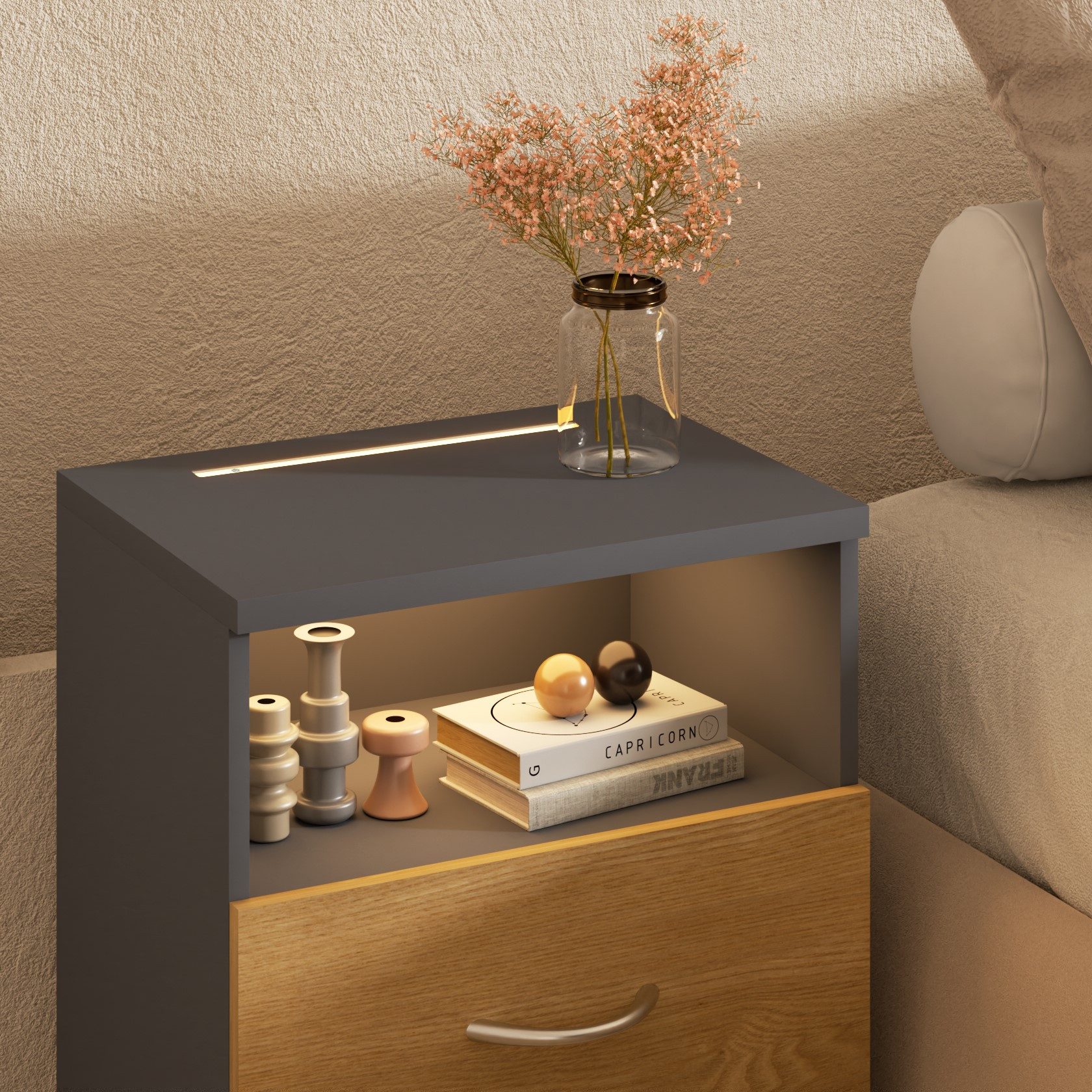 Casaria Nachttisch Jamie (1-St), mit Touch LED Beleuchtung 40x28x55cm Dimmbar Holz 2 Schubladen Bett