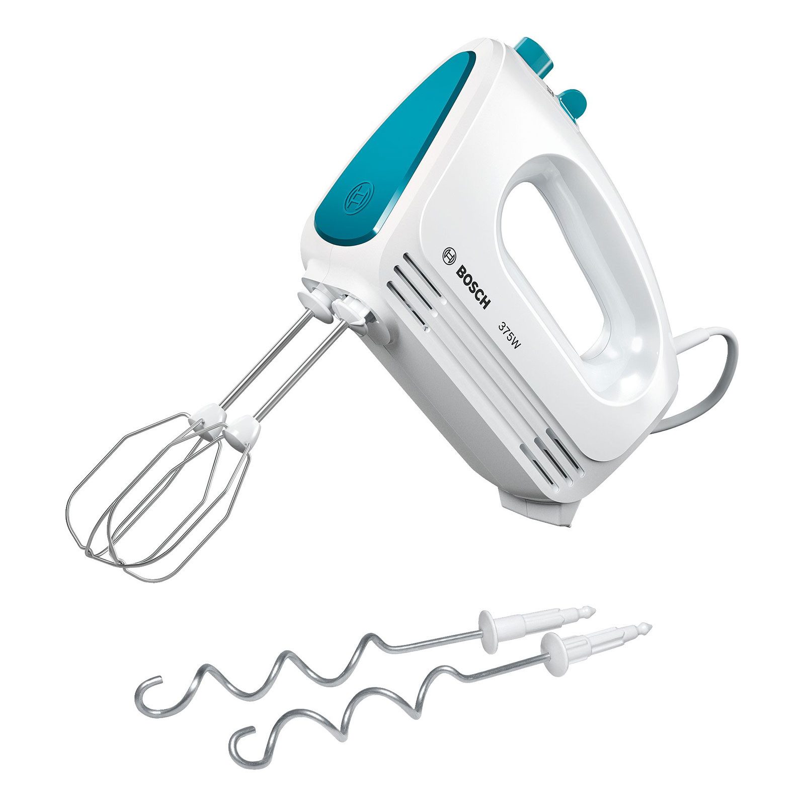 BOSCH Handmixer CleverMixx MFQ2210D, Edelst. Rührbesen/Knethaken, 4 Stufen, weiß/blau, 375 W, Auswurftaste, leichtes Gehäuse, Made in Europe, Handrührgerät, Handmixgerät