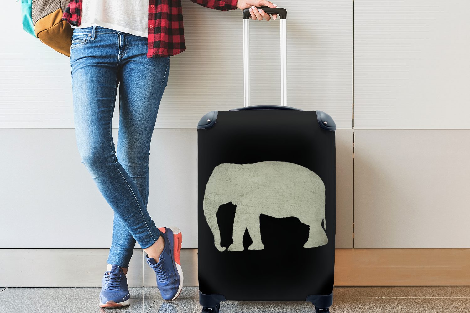 MuchoWow Handgepäckkoffer Retro, für - Ferien, Reisetasche Handgepäck Karte Rollen, rollen, 4 Elefant mit Reisekoffer Trolley, 