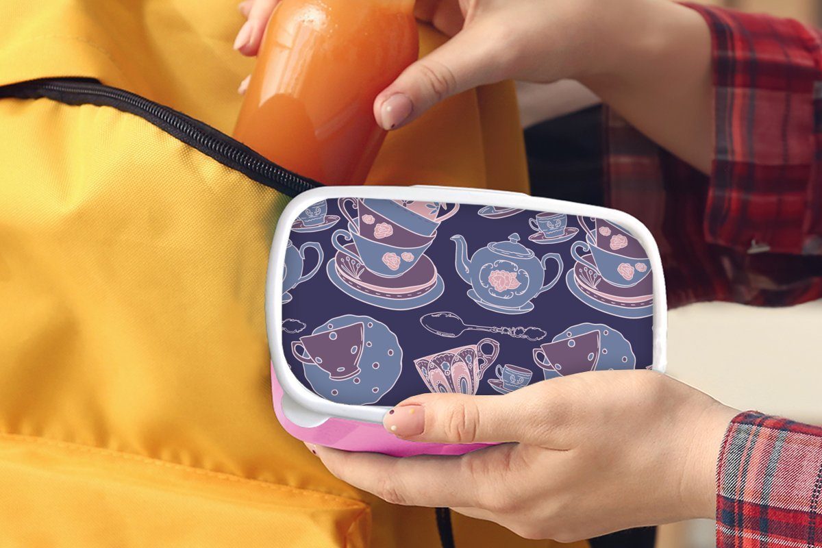 MuchoWow Lunchbox Mädchen, für Erwachsene, Teekanne, (2-tlg), - Muster Tasse Kinder, rosa Kunststoff Tee Brotdose Kunststoff, - - Brotbox Snackbox