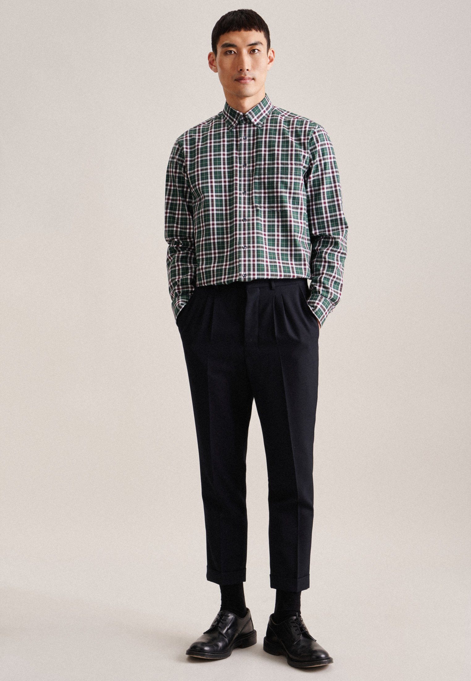 seidensticker Flanellhemd Regular Regular 1/1 Button-Down-Kragen Karo