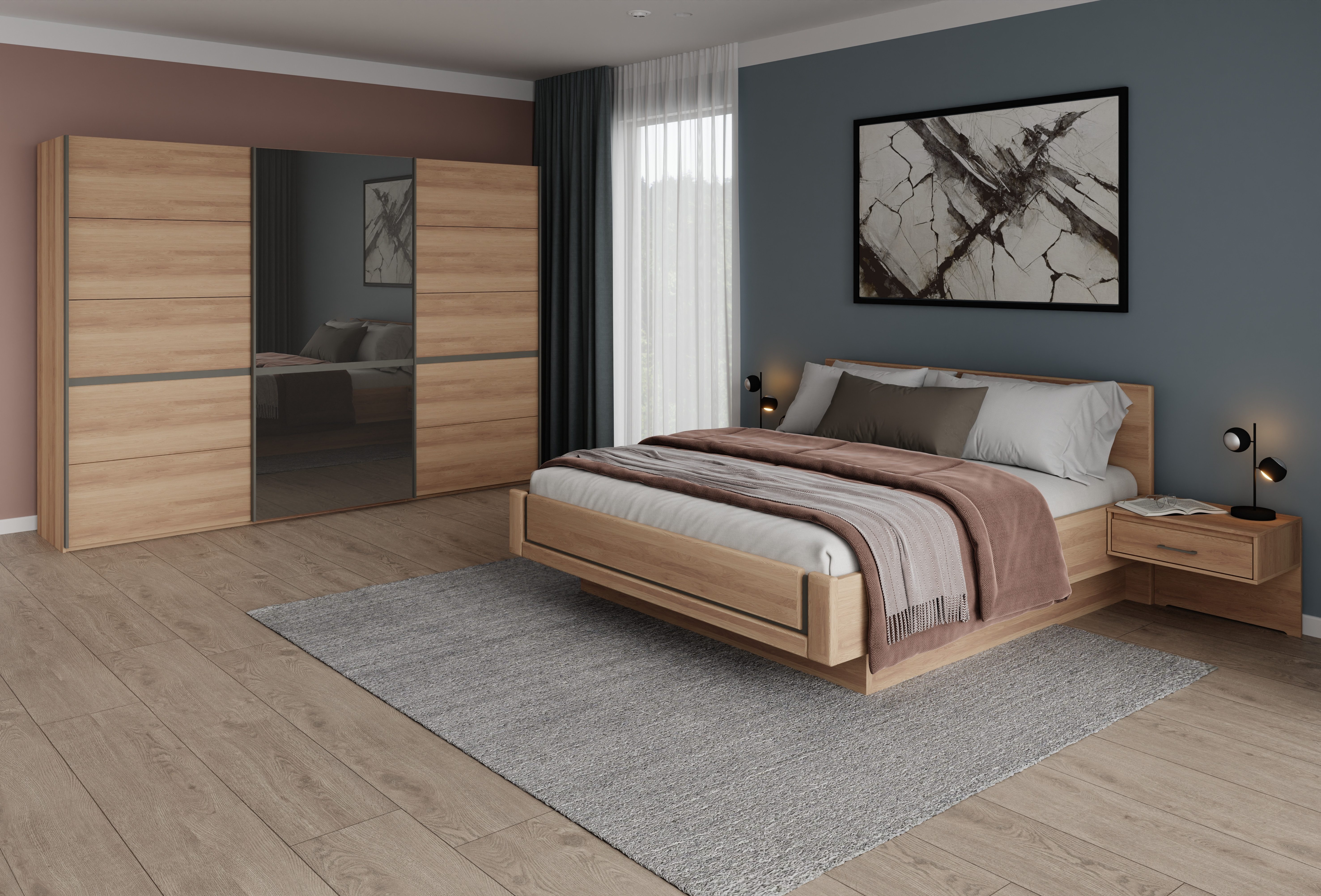 Musterring Schlafzimmer-Set Sorrent, Kleiderschrank, Bett & Nachtkommoden, teilmassiv Eiche, (2er-Set Nachtschränke, Schwebetürenschrank 300 cm, Bett 180x200 cm), mit Schwebetürenschrank, Bett mit Stollenfuß, Breite Schrank 250 cm