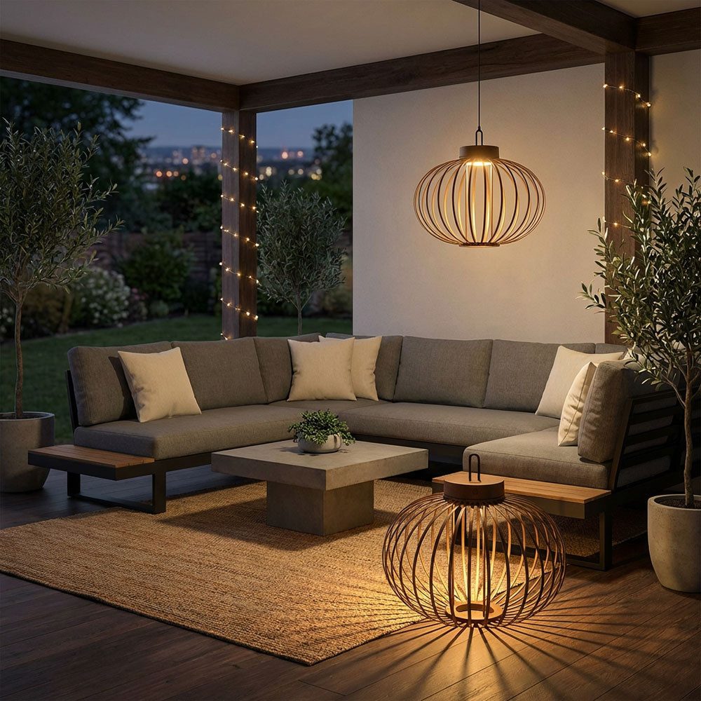 JUST LIGHT LED Außen-Tischleuchte, LED-Leuchtmittel fest verbaut, Warmweiß, LED Tischleuchte Pendellampe Akku Bambus schwarz USB Touchdimmer 2x