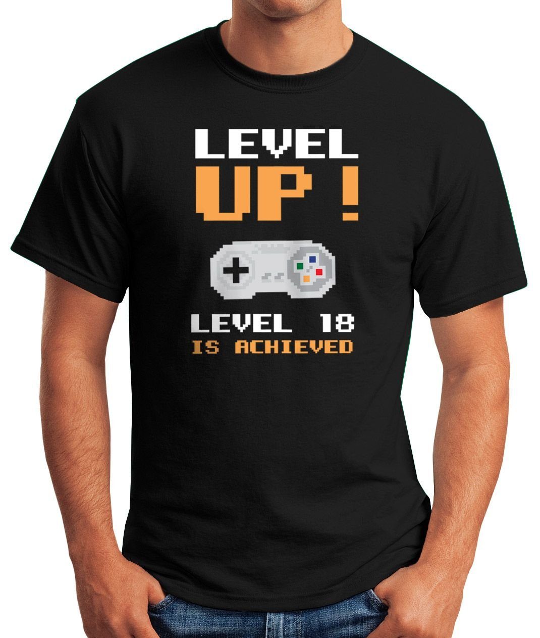Level schwarz Fun-Shirt Up Print-Shirt MoonWorks Herren Retro Pixel T-Shirt Gamer Controller Geschenk Arcade 18 mit Moonworks® Geburtstag Pixelgrafik Print