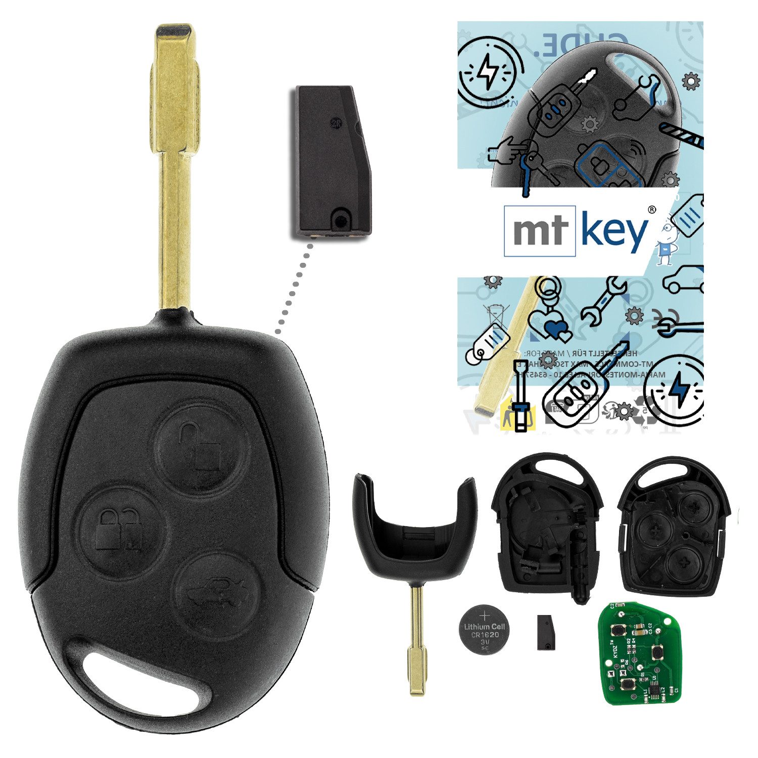 mt-key Schlüsseltasche Auto Funk Schlüssel Fernbedienung FO21 ID63 434MHZ (Set), für Ford Fiesta (V, 03–08); Fusion (I, 06–10); Tourneo Connect (I,...