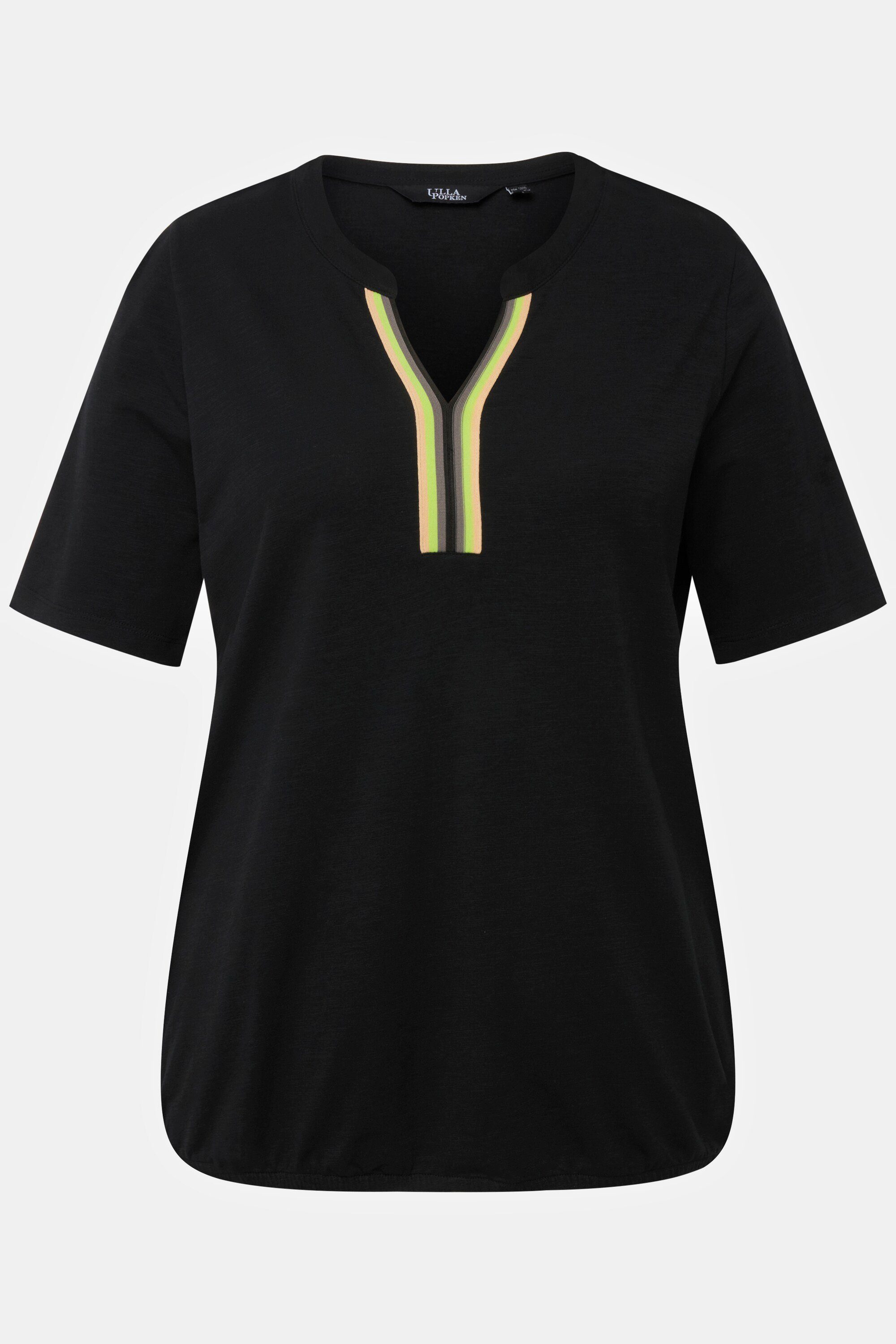 Ulla Popken Rundhalsshirt T-Shirt schwarz Tunika-Ausschnitt Streifenband Halbarm