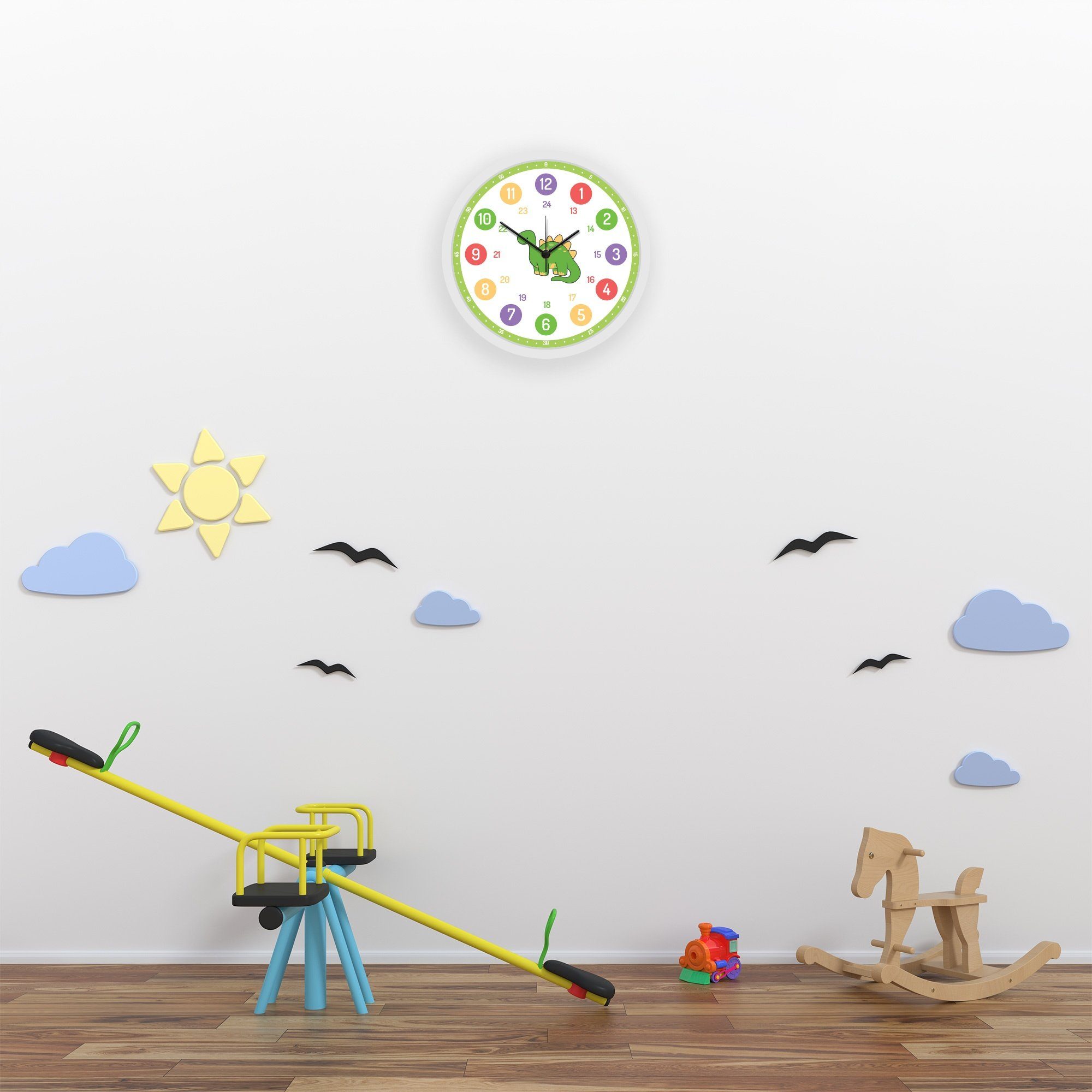 GRAVURZEILE Wanduhr GRAVURZEILE Wanduhr Kinder Dino Motiv - Geräuscharme Kinderwanduhr