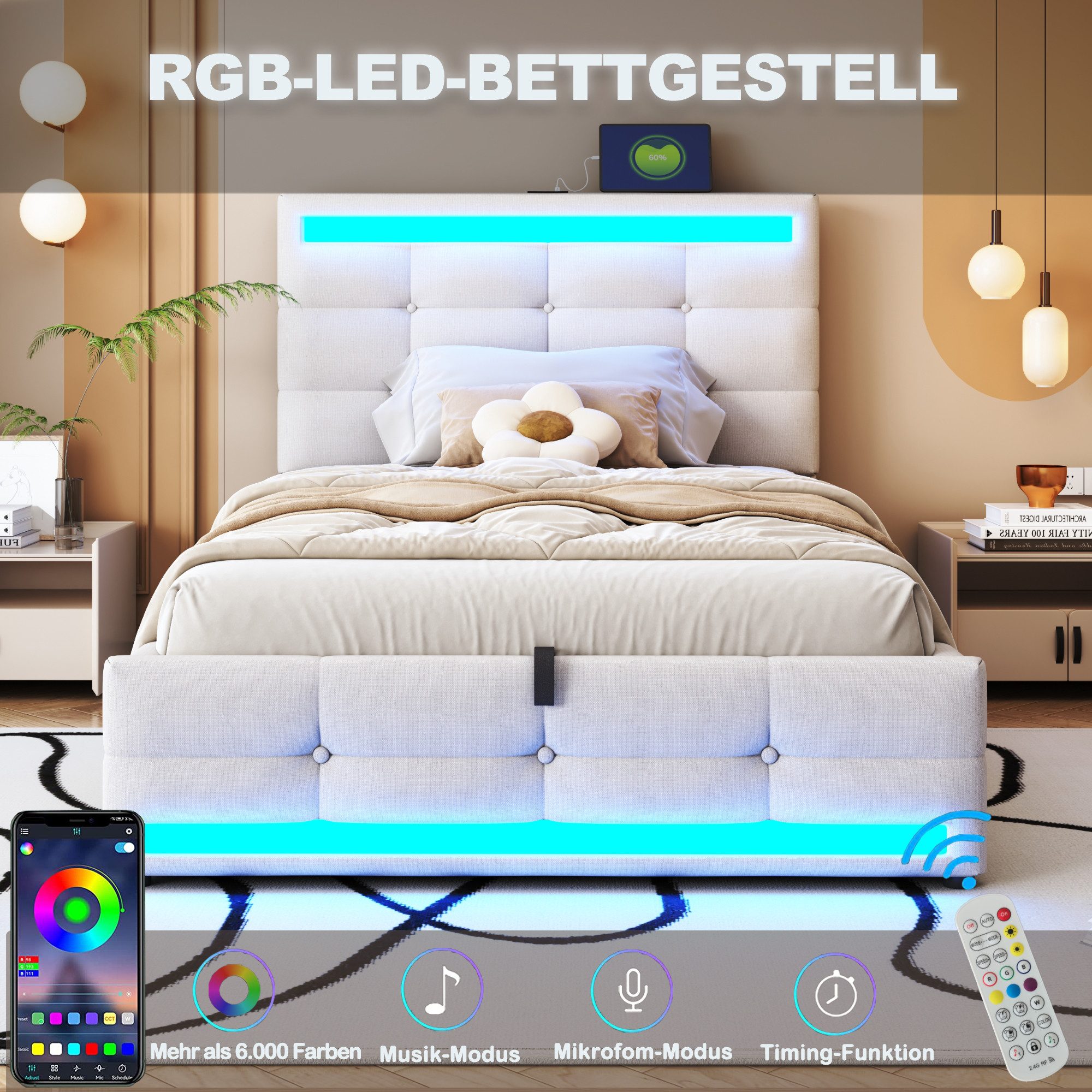 REDOM Polsterbett mit USB-Anschlüssen, RGB-LED-Licht und günstig online kaufen
