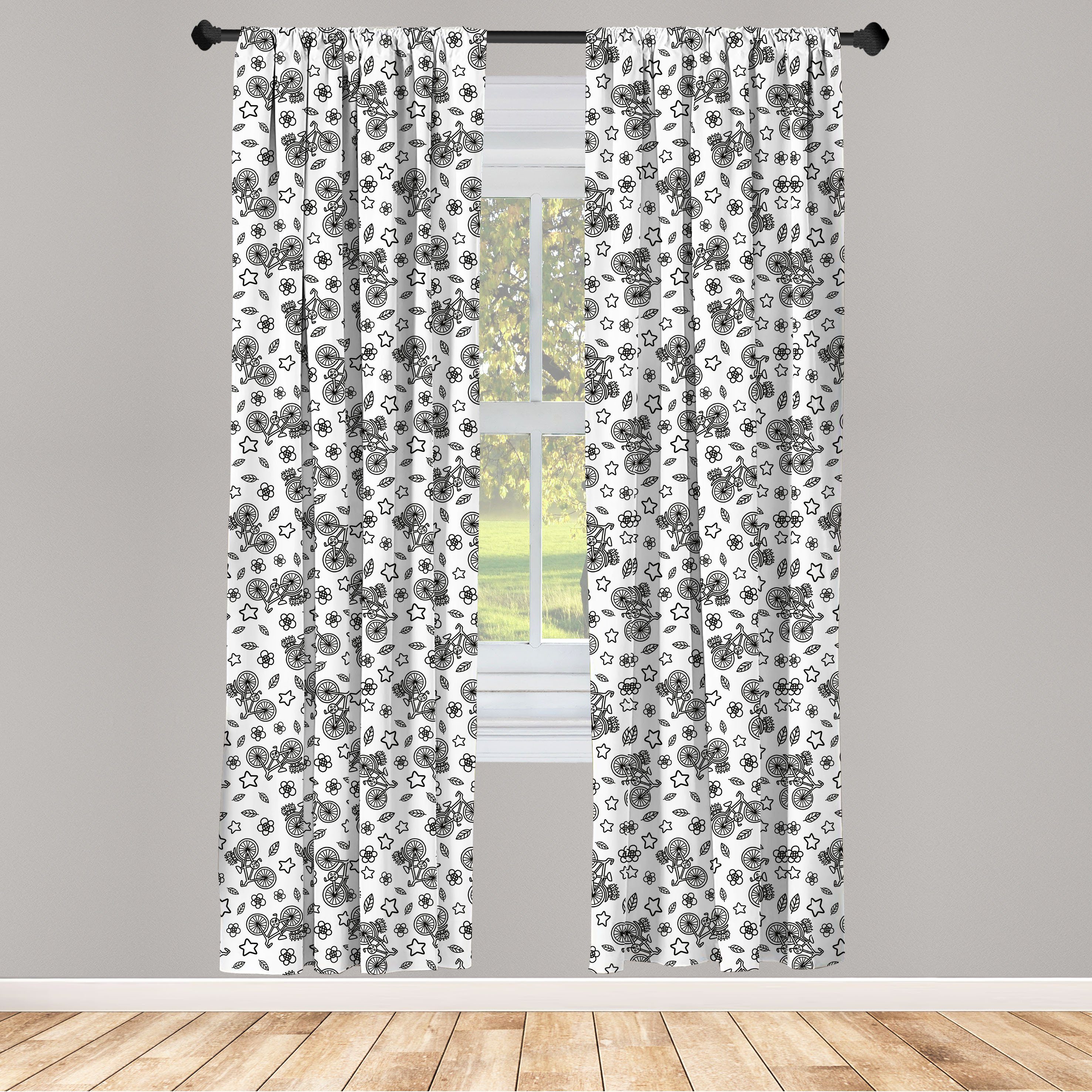 Gardine Vorhang für Wohnzimmer Schlafzimmer Dekor, Abakuhaus, Microfaser, Fahrrad Blumen Sterne in Schwarz