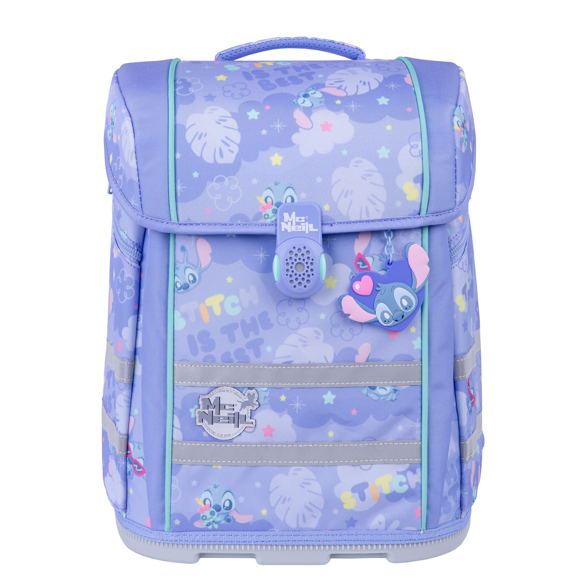 McNeill Schulranzen Perfecto Stitch 5tlg. Disney Schulranzen ergonomisch ClickFlex (Spar-Set, Sportbeutel, Magnet & Anhänger, Schlampermappe, Federmappen befüllt), ClickFlex Rückensystem, mitwachsend, ergonomisch