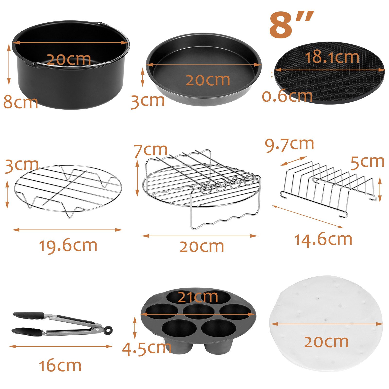 Clanmacy Küchenmaschinen Zubehör-Set 12tlg Heißluftfritteuse Zubehör Airfryer Back Heißluftofen Fritteuse 8