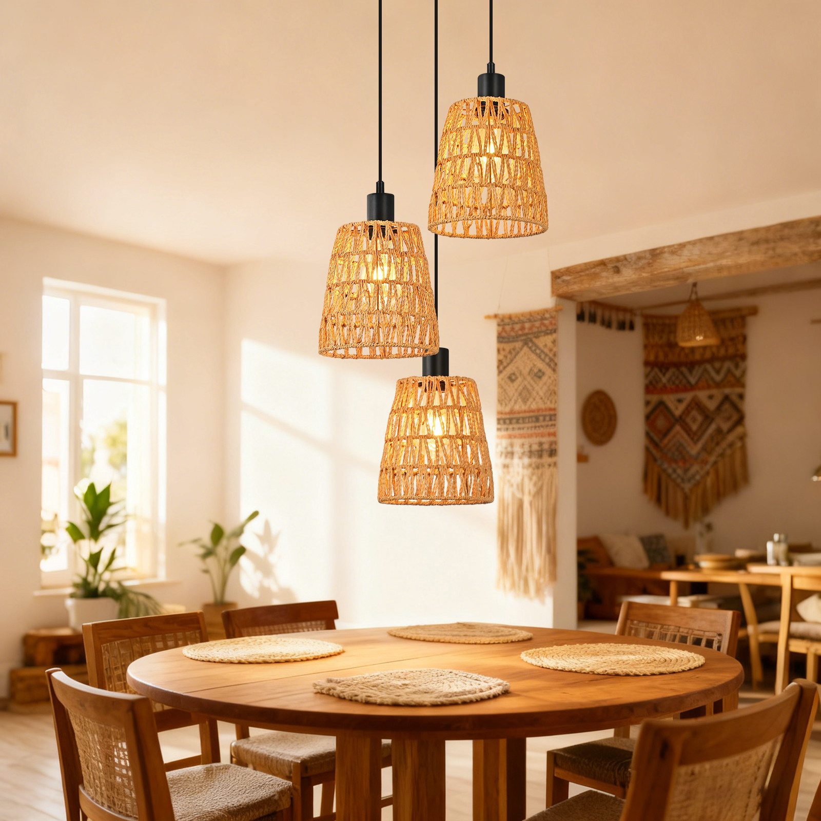 ZMH Pendelleuchte Hängelampe Boho Pendelleuchte Rattan 1/3 Flammig Vintage Geflochten, ohne Leuchtmittel