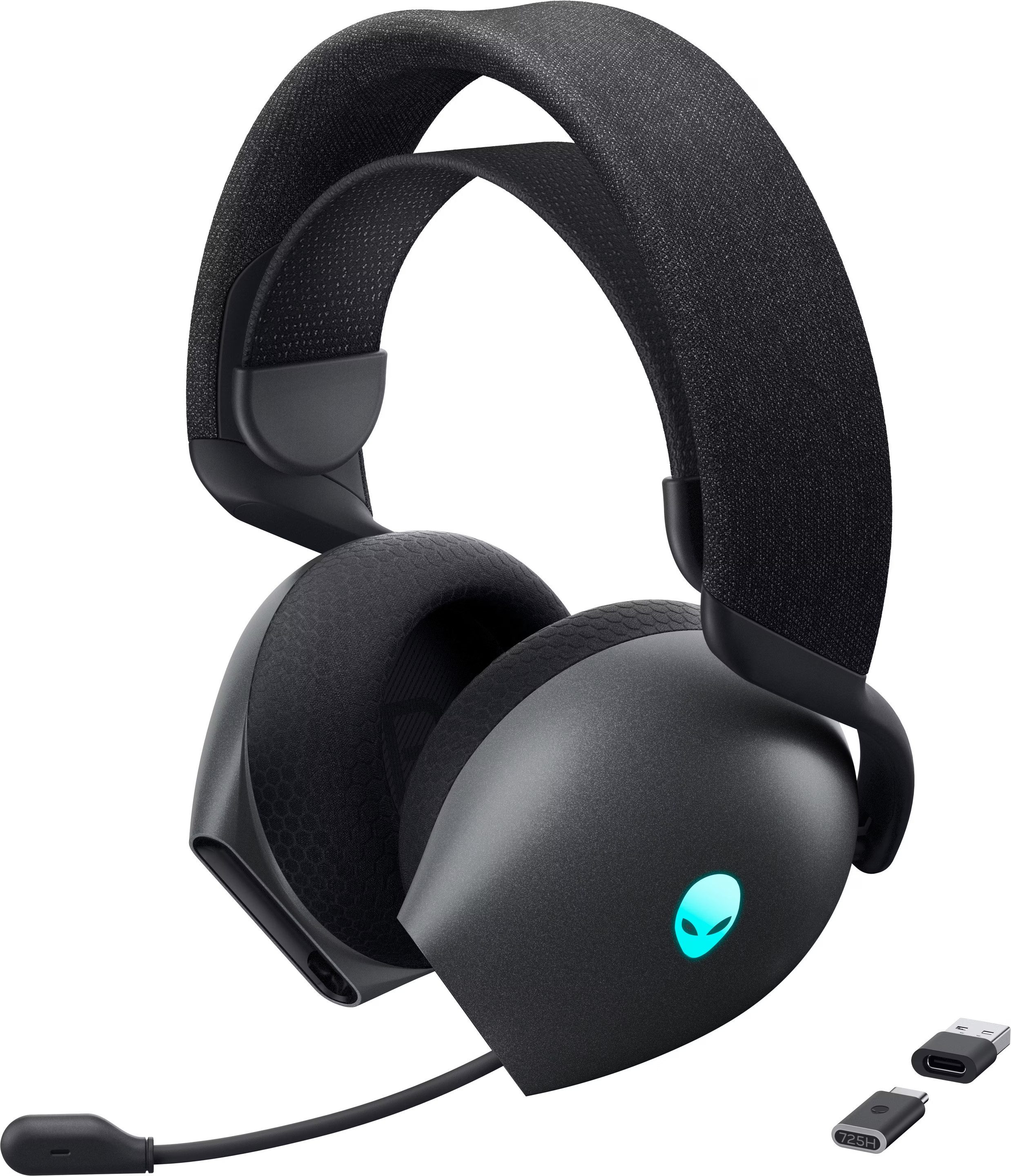 Dell Alienware AW725H Gaming-Headset (2.4 GHz 3.5 mm; Hi-Res; Dolby Atmos; KI-Mikrofon; 60h Akku., Nein, 2,4 GHz Wireless, Kabelloses Gaming-Headset mit abnehmbarem Mikrofon, Noise-Cancelling)