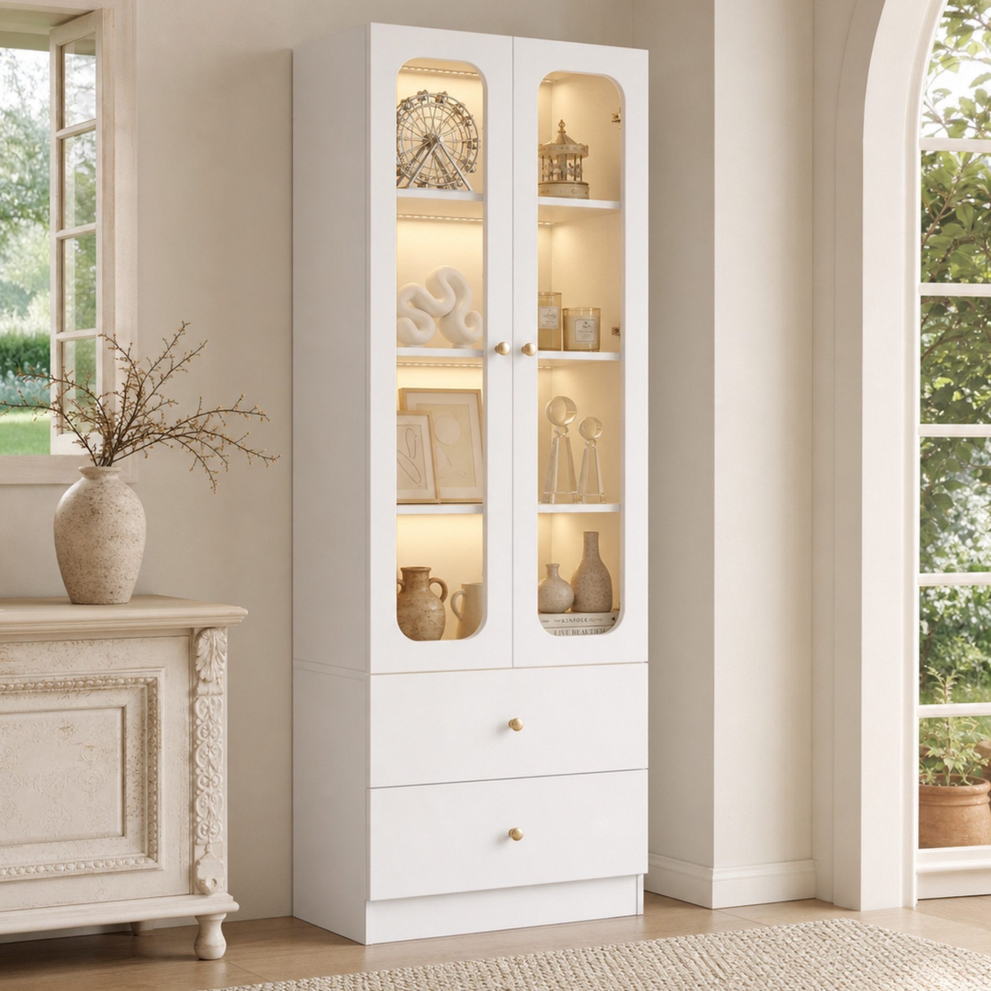 Flieks Glasvitrine Hochschrank Bücherregal mit LED-Beleuchtung, 2 Glastüren, 2 Schubladen (goldene Metallgriffe, 1-St., 60x35x170 cm) Multifunktionsschrank Standvitrine Aktenschrank 4 Ebenen Weiß
