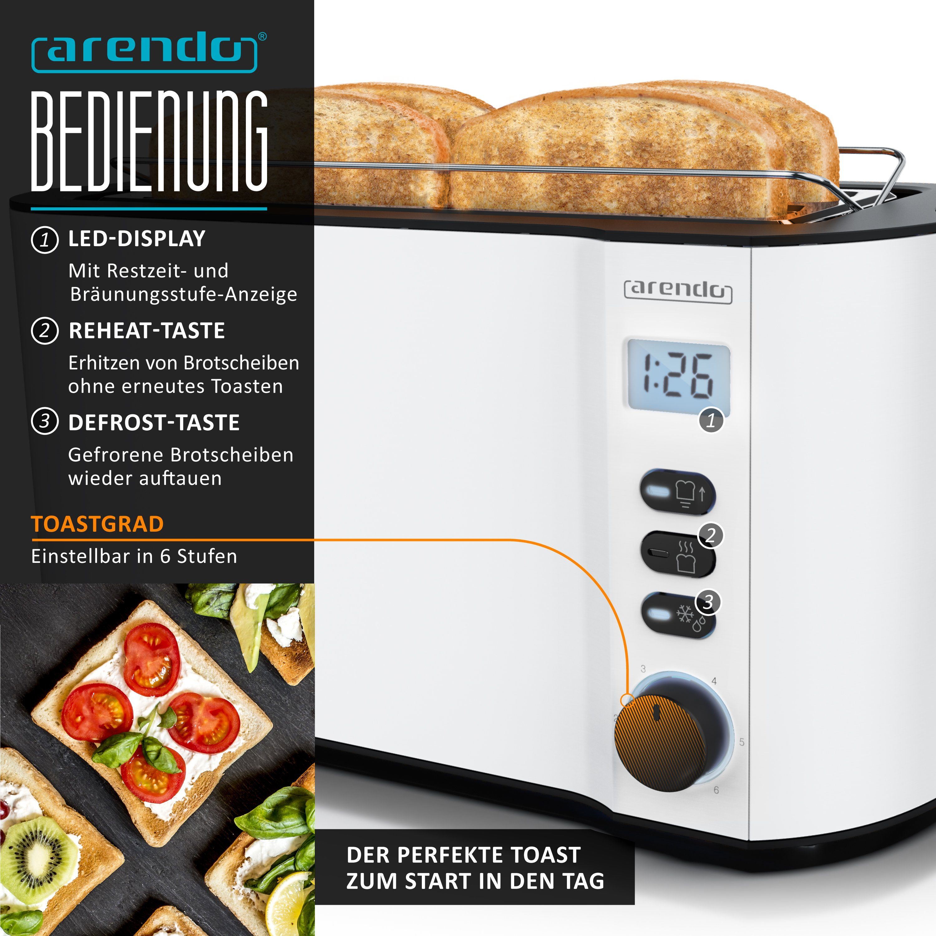 Arendo Frühstücks-Set Frühstücksset Weiß matt: Wasserkocher 1,5 L & 4-Scheiben-Toaster (2-tlg), Edelstahl Wasserkocher 1,5l, 4-Scheiben Langschlitz Toaster, Wei – Bild 5 von 5