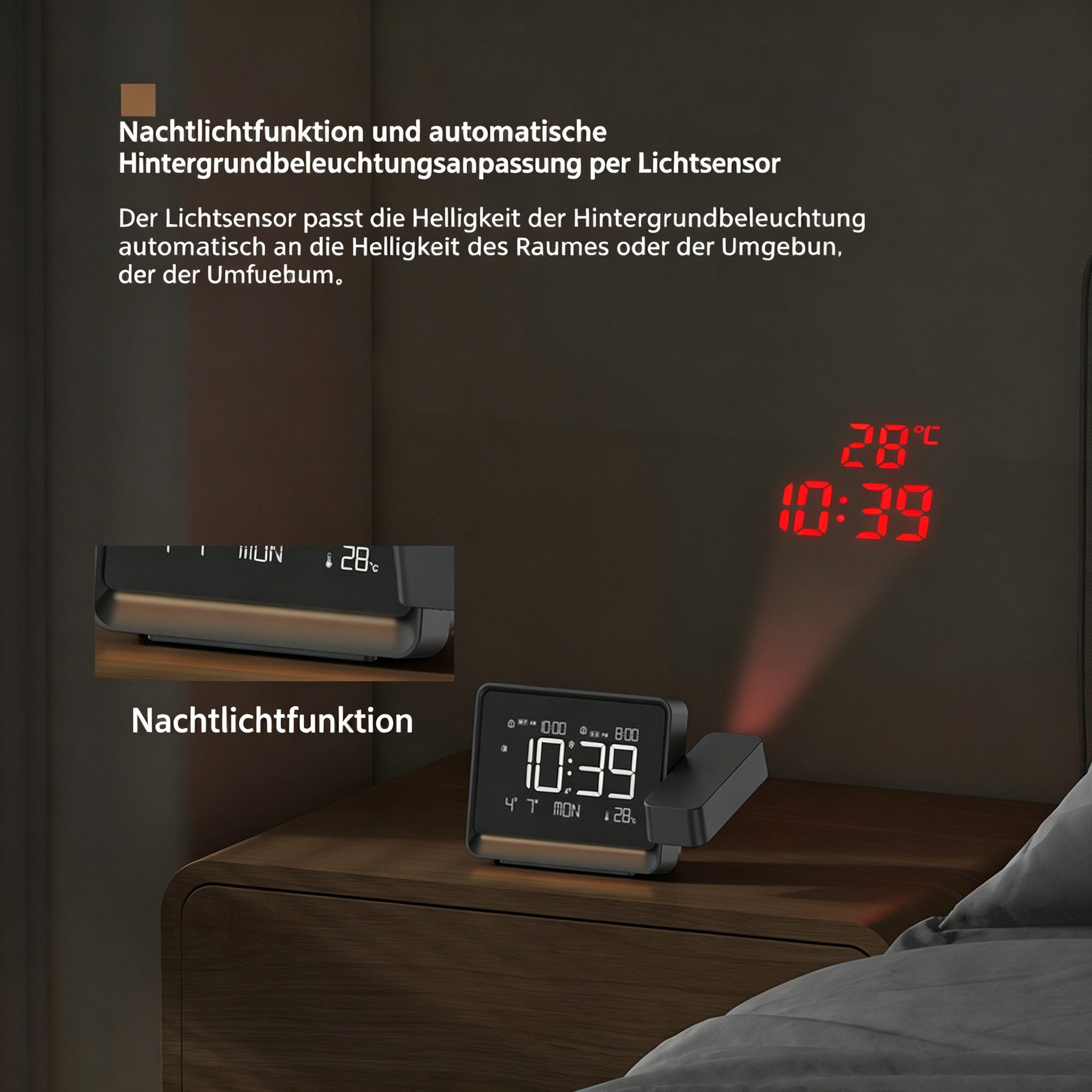 BBG Projektionswecker LED Projektionswecker mit Bluetooth-Zeitsynchronisation Temperaturanzeige, Snooze & Nachtlicht,einstellbarem Fokus,Lichtsensor