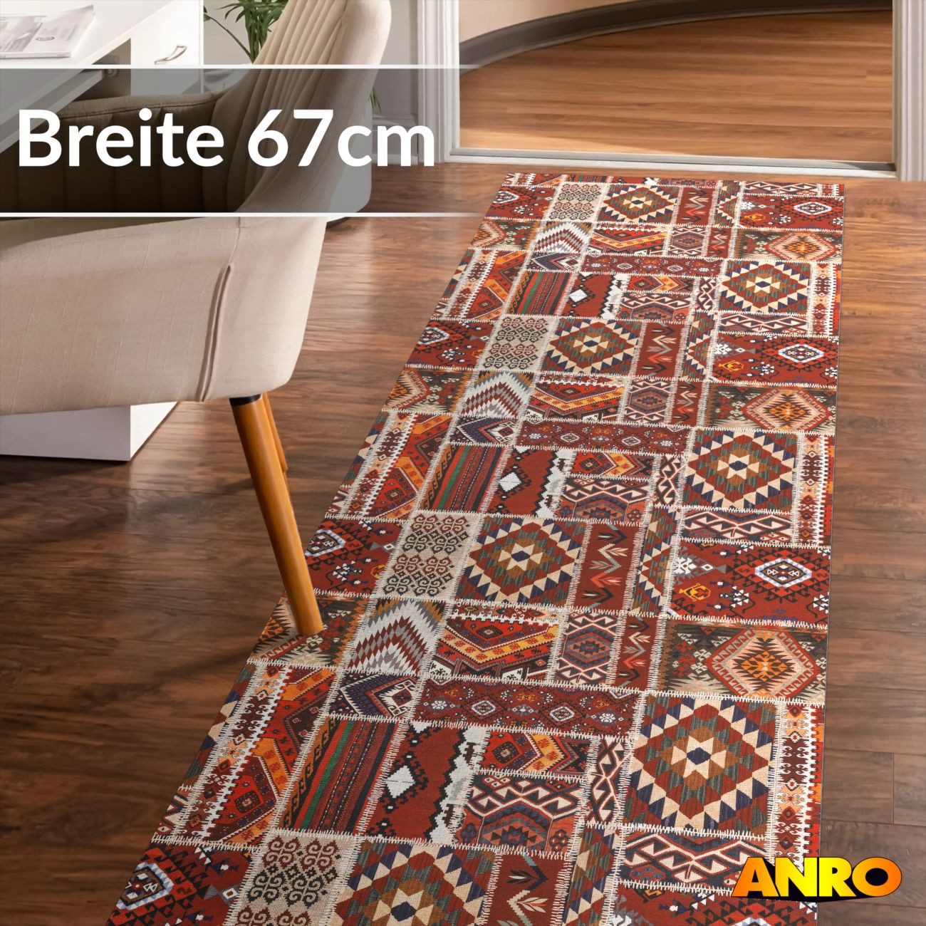 ANRO Küchenläufer Premium Boho RANNA Läufer Küchenteppich Stoff-Teppich, Rechteckig, Höhe: 3 mm, Stoff schmutzabweisend 67x100cm Patchwork Rot robust