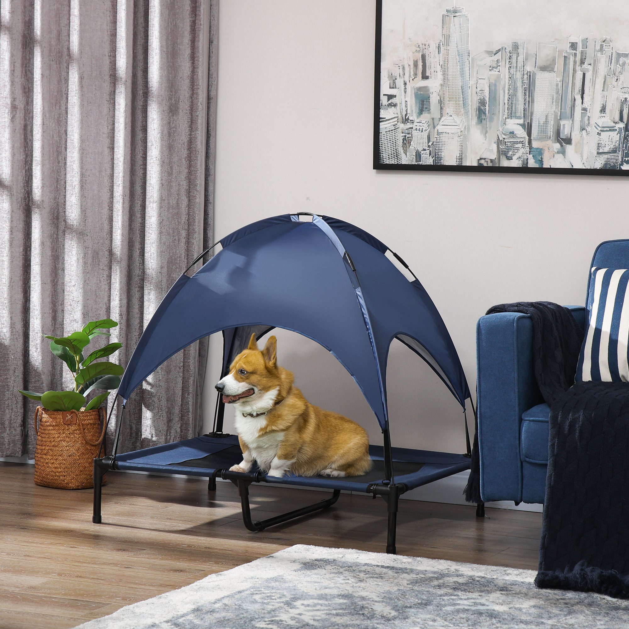 PawHut Haustierbett mit Baldachin, erhöhtes Hundebett mit Dach, atmungsaktiv für mittelgroße Hunde, Dunkelblau, ideal für drinnen & draußen   Aosom.de von PawHut