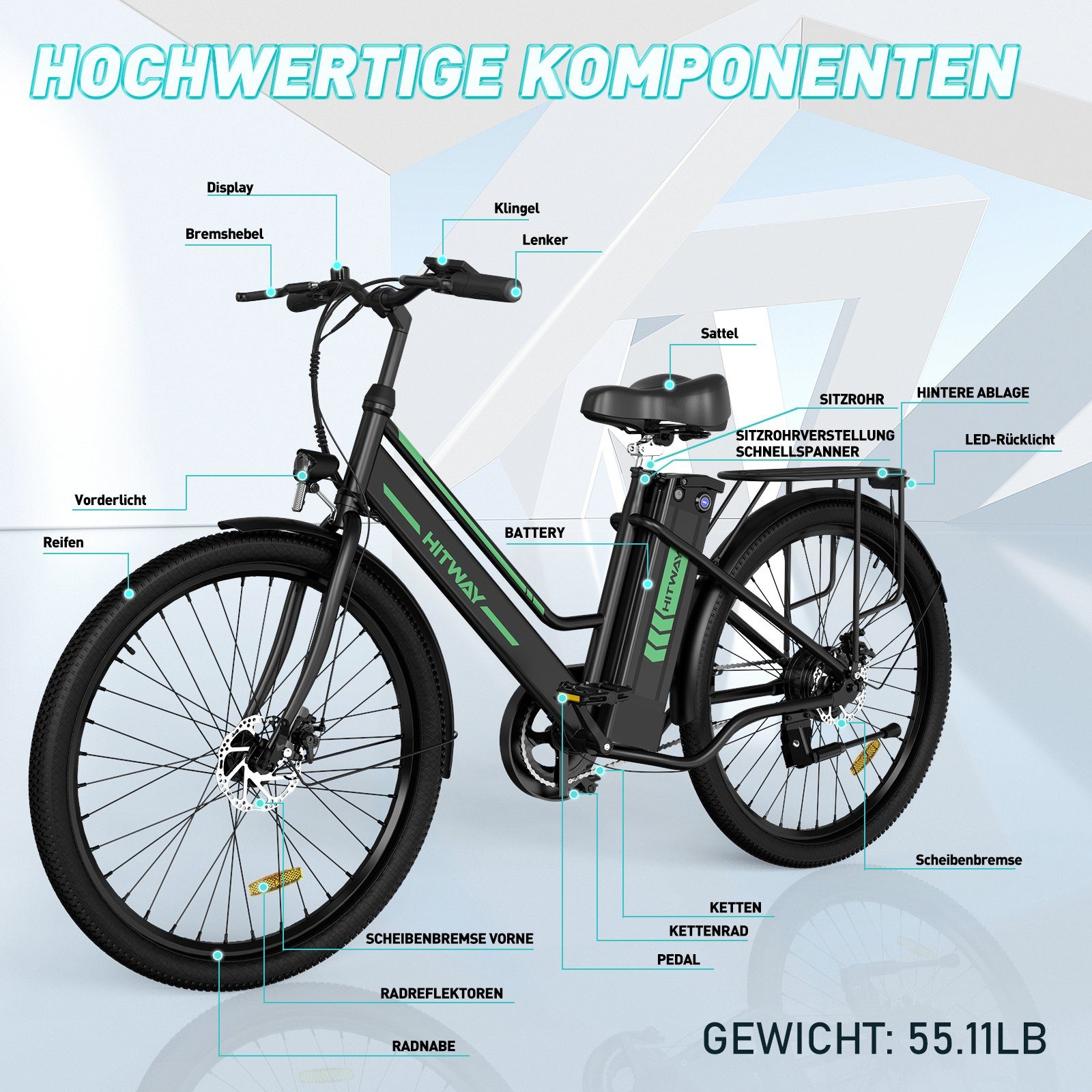 E-Fahrrad Batterieladegerät/ 26 25km/h,35-70KM, 36V E-Bike Zoll HITWAY Heckmotor, schwarz 8.4AH Damen Pumpe/Fahrradschloss Herren für