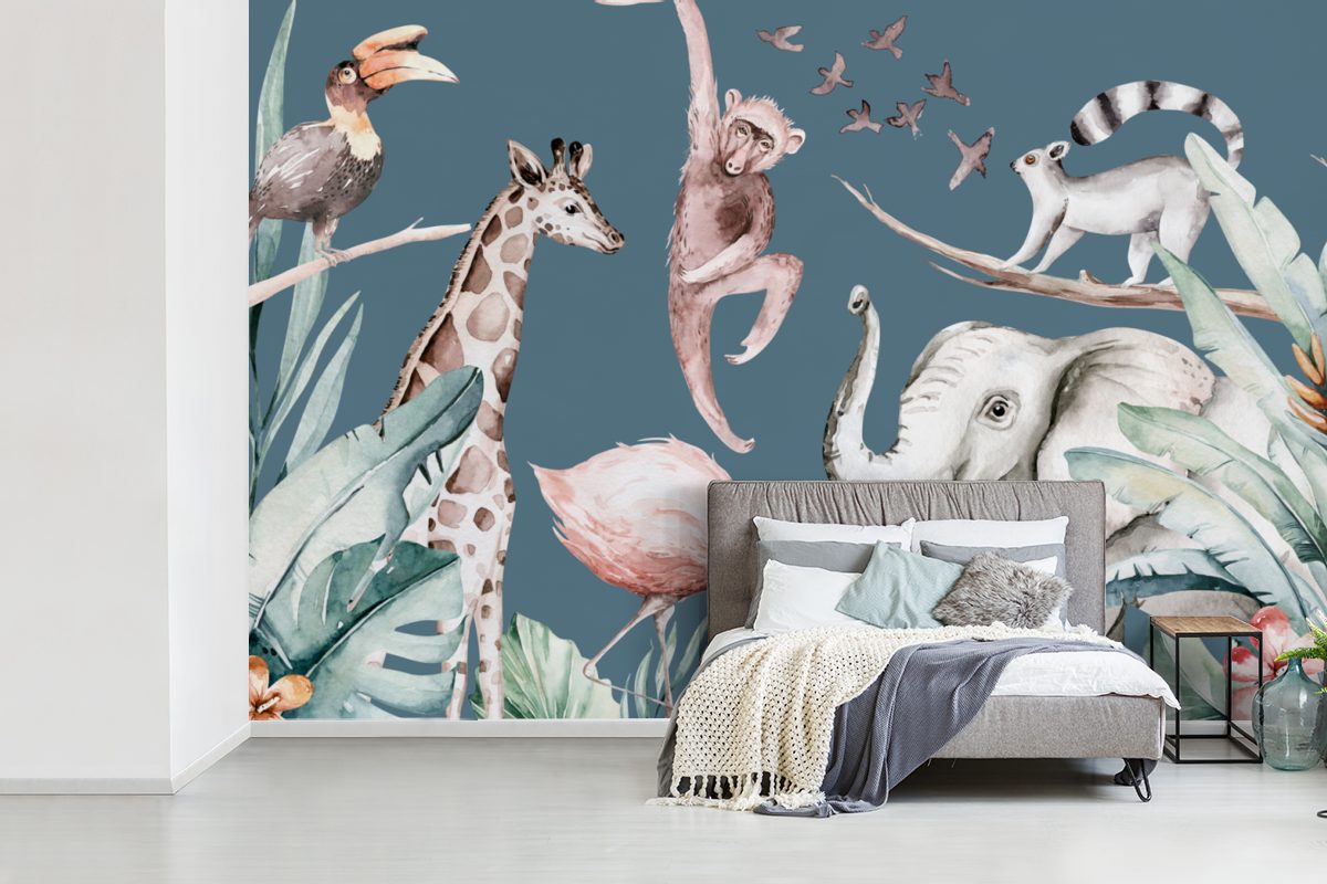 MuchoWow Fototapete Aquarell - - Blau - Schlafzimmer, bedruckt, Kinder, - - St), Dschungel (6 Wallpaper Kinder Tiere für - Jungen Affe Matt, Vinyl Kinderzimmer, - Tapete Wohnzimmer