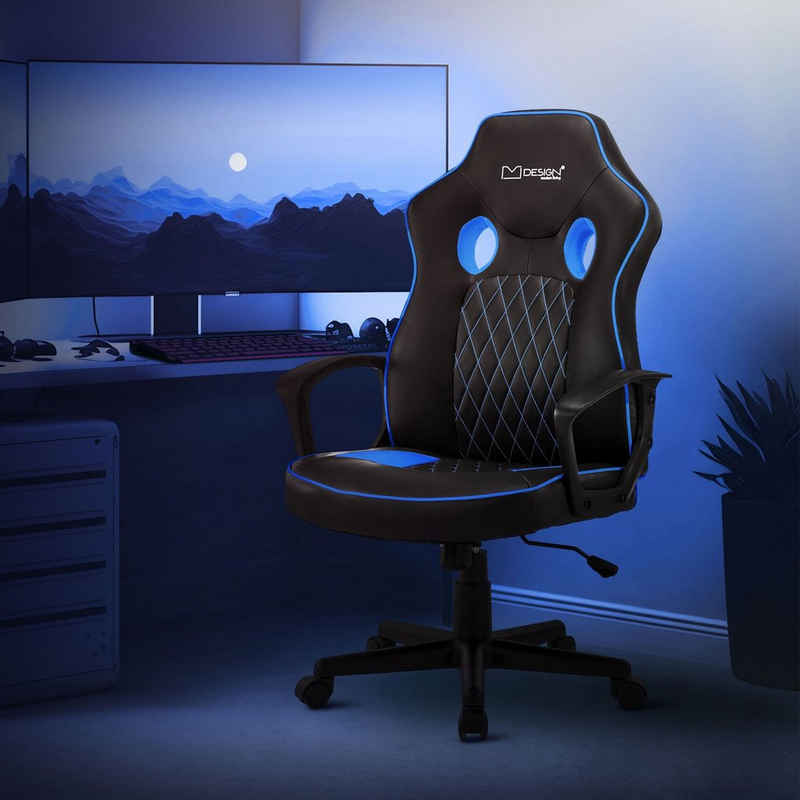 ML-DESIGN Gaming-Stuhl Bürostuhl mit Wippfunktion Kunstleder höhenverstellbar mit Armlehne, Verstellbar Drehstuhl Schwarz-Blau ergonomisch 63,5x56x115cm