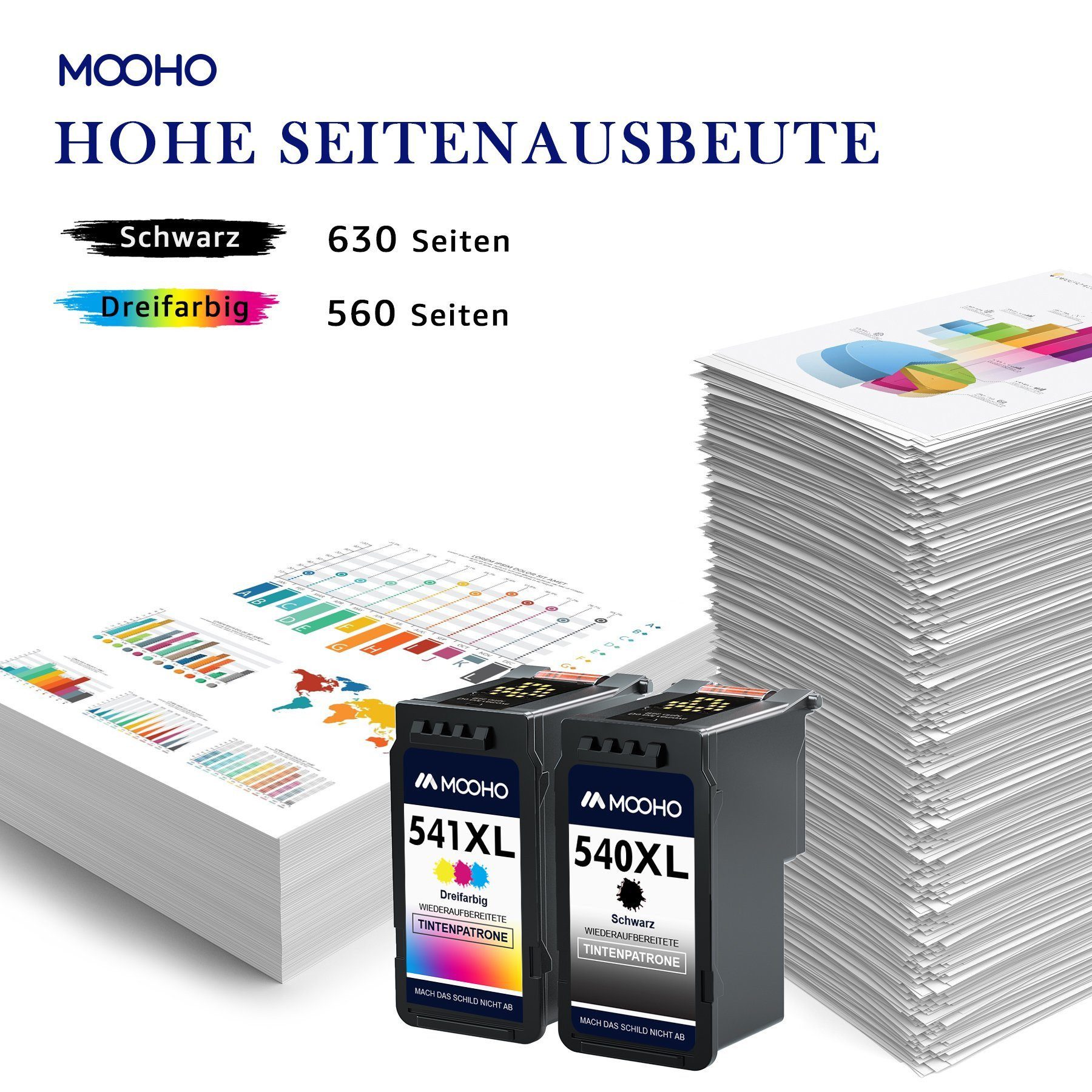 MOOHO XXL Kompatibel für CANON PG-540XL CL-541 XL Tintenpatrone (1x Schwarz+1x Farbe für Canon 540 xl 541 xl, 1000-tlg., Pixma MG2150 2250 4150 4250 MX375 395 435 455)