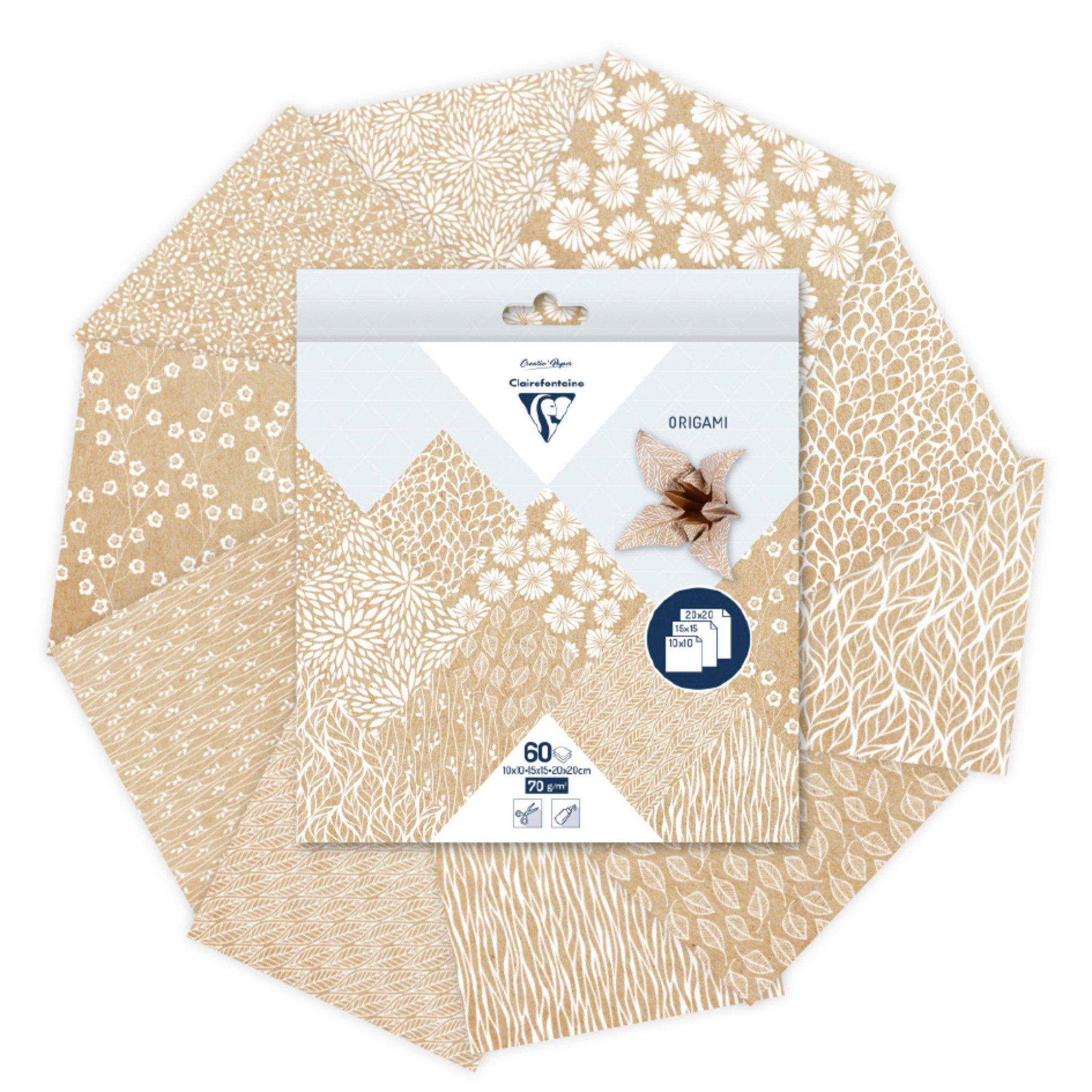 CLAIREFONTAINE Motivpapier Faltpapier-Sortiment Kraftpapier Floral, 60 Blatt