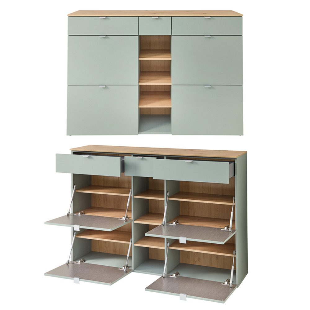 Lomadox Garderoben-Set BLISS-36, (Spar-Set, 3-St., Kommode Garderobenpaneel Spiegel), grün matt Eiche Kommode Garderobenpaneel Spiegel