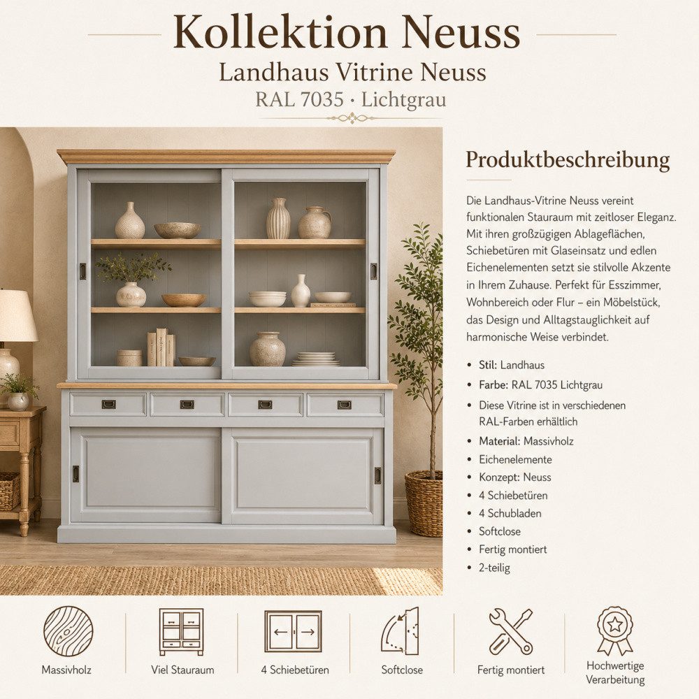 Wohnpalast Vitrine Vitrinen Schrank Neuss lichtgrau/eiche 200 cm - Glasvitrine Wohnzimmer